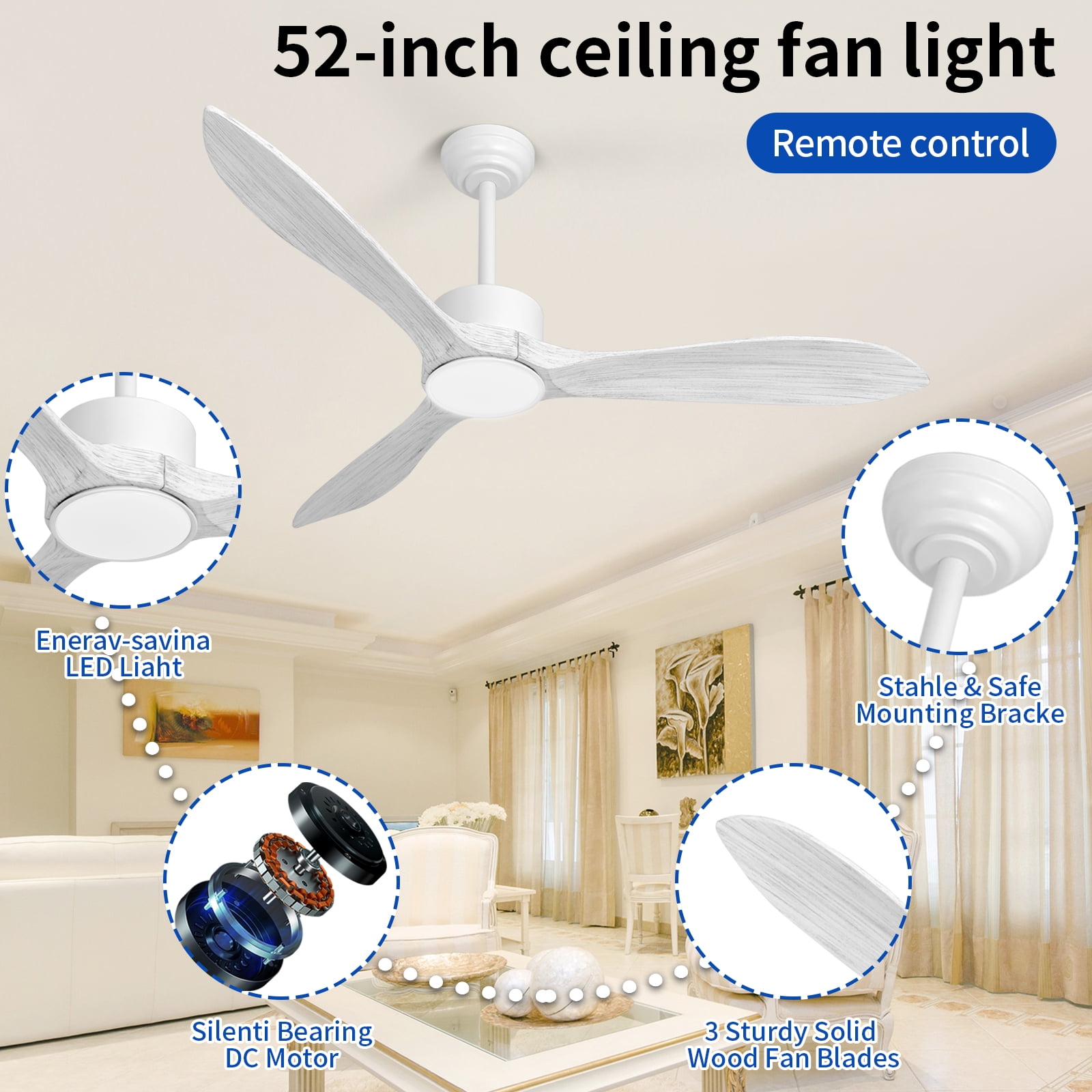 Wozzio 52 inch Ceiling Fan with Light and Remote,DC Motor,3CCT Dimmable LED Light,3 Grain White Wood Blades,Indoor & Outdoor - Image 3