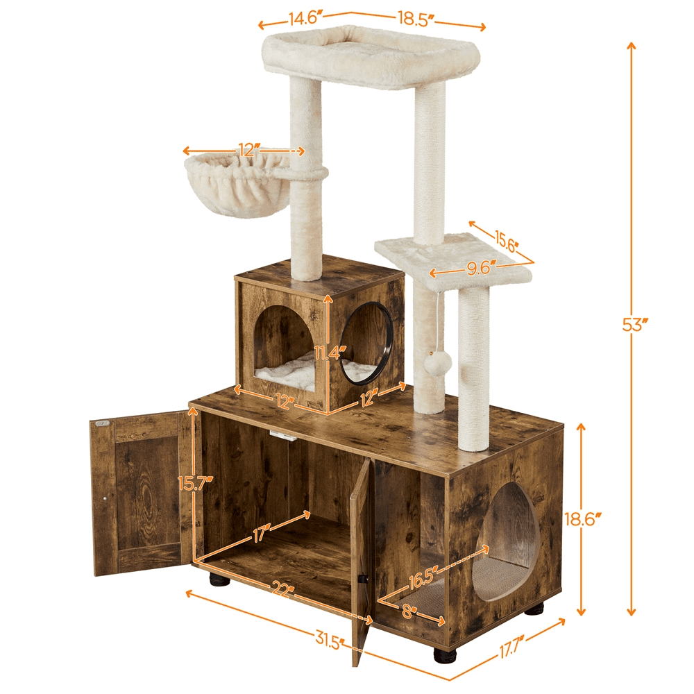 Renwick 53'' Wooden Litter Box Enclosure with Cat Tree Tower, Rustic Brown/Beige - Image 6