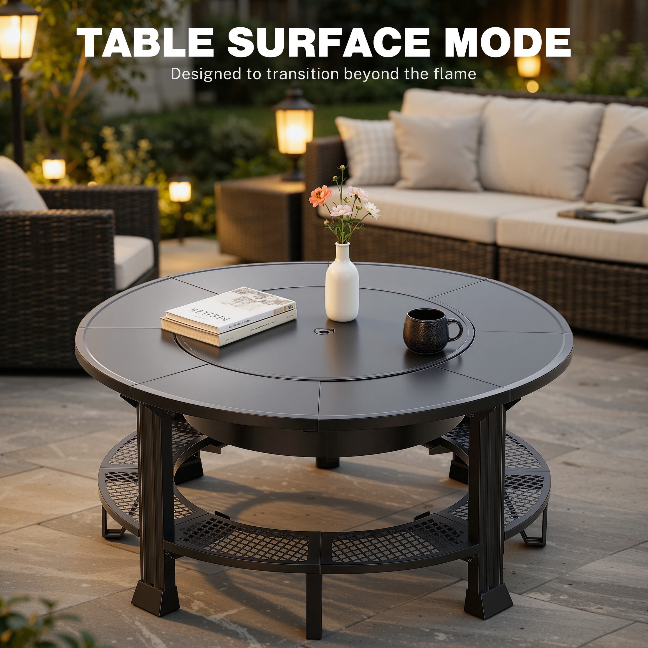 Fire Pits for Outside, 38" Wood Burning Fire Pit Table with Poker, BBQ Net Grill, Cover & Firewood Rack, Round Outdoor Fire Pit for Patio, Backyard & Garden, Round Fire Pit/BBQ Fire Pit, Black - Image 7