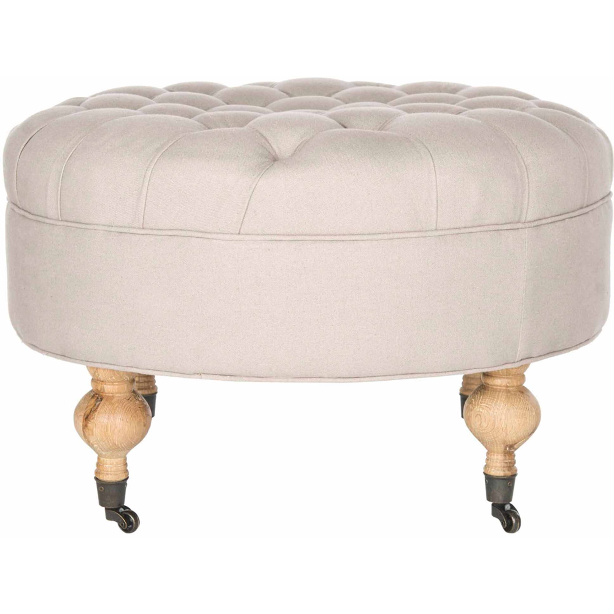 SAFAVIEH Clara Classic Rustic Tufted Round Ottoman with Casters, Taupe - Image 2