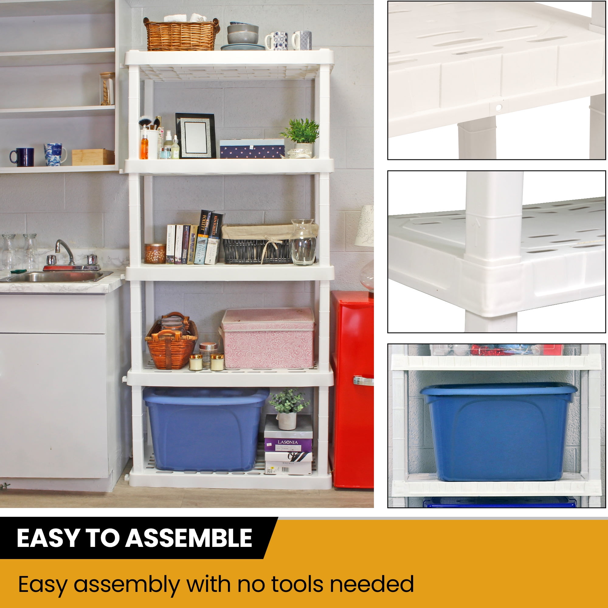 Hyper Tough Plastic Storage Shelves 5-Tier 73.8"H x 36"W x 17.75"D, 2-Pack White, 750 lbs Total Capacity - Image 7