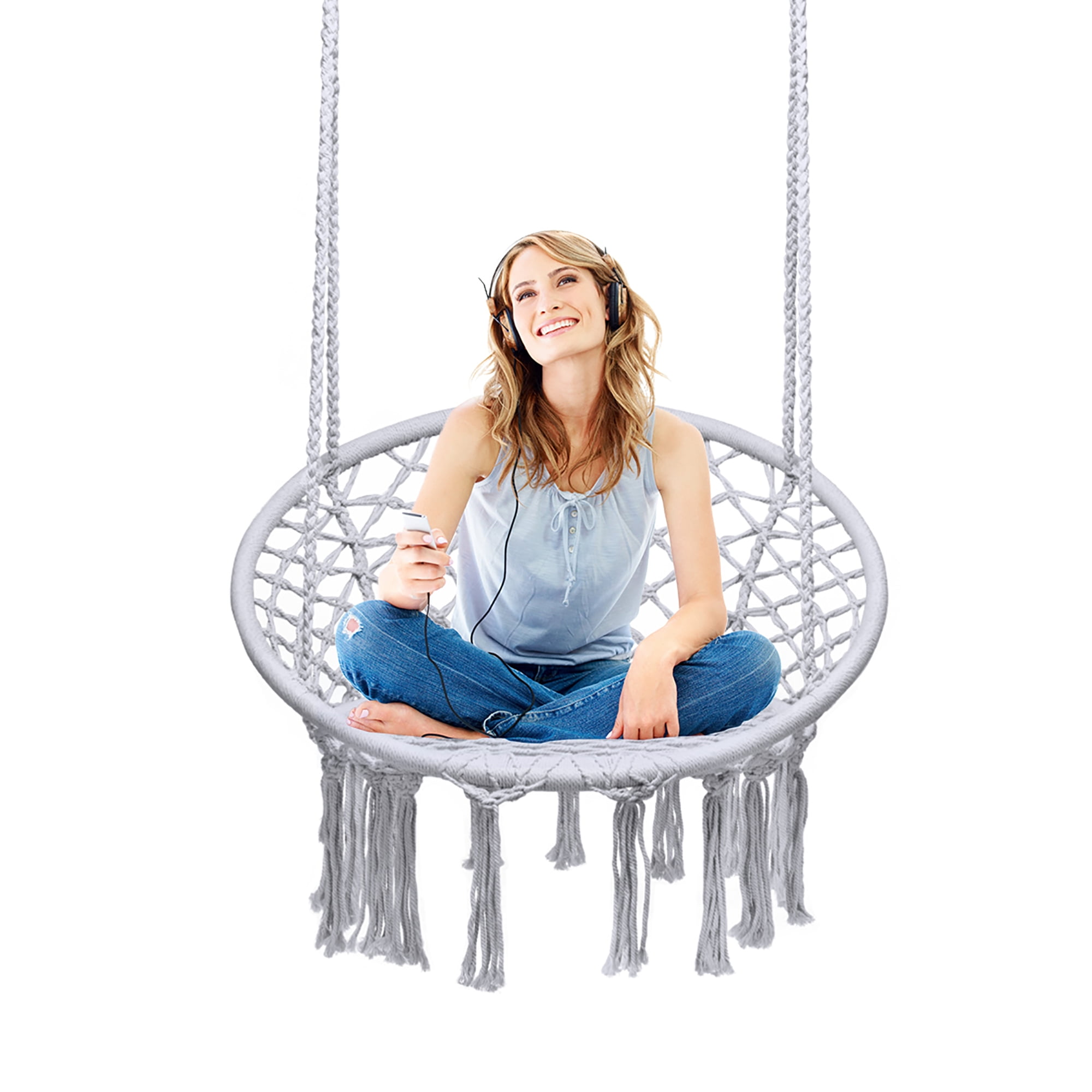 Costway Hanging Hammock Chair Macrame Swing Handwoven Cotton Backrest Garden Grey - Image 5