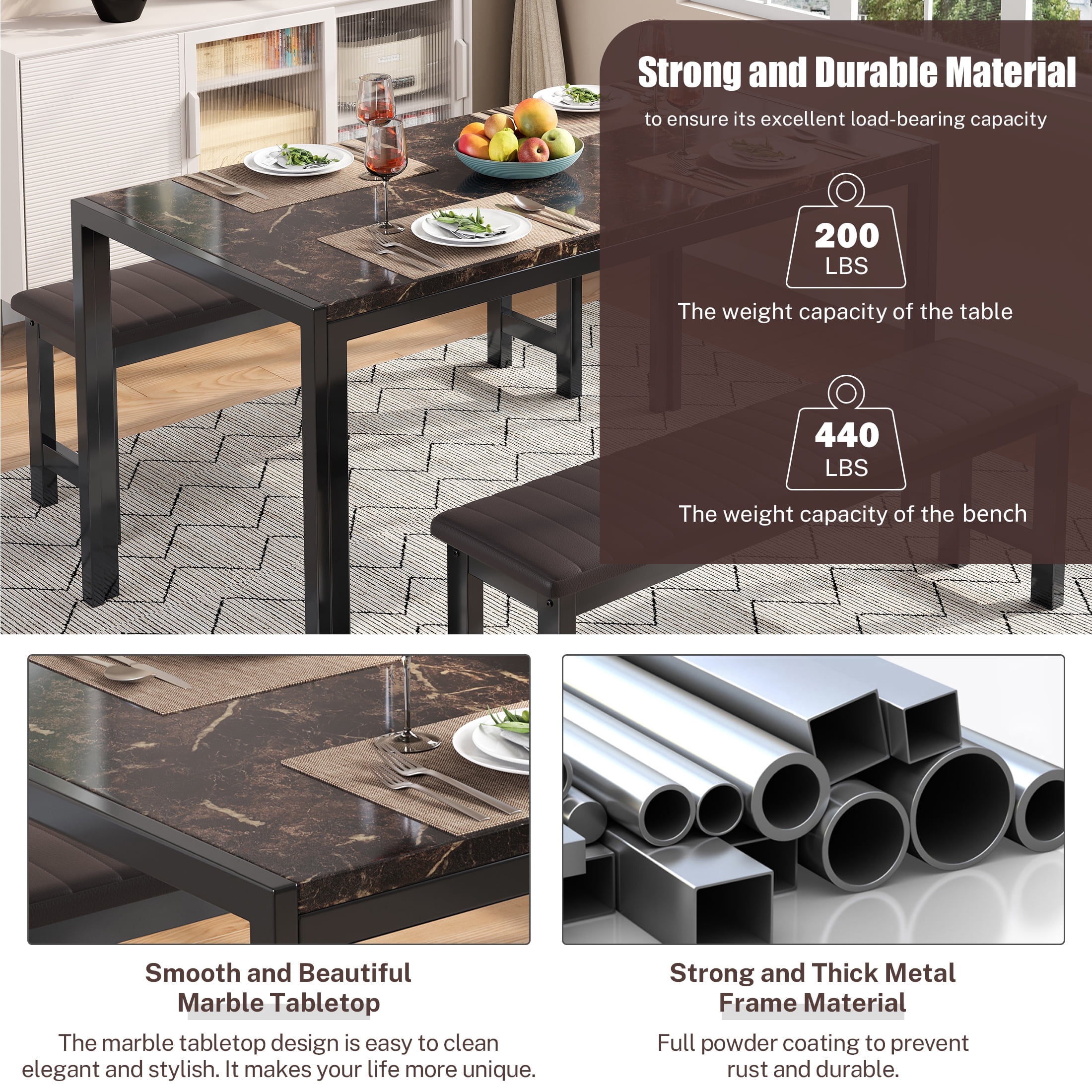 PORKISS Dining Table Set for 4, Faux Marble Kitchen Table Set with 2 PU Leather Benches, Breakfast Nook Set for Small Spaces, 3 Piece Dining Room Table Set, Brown+Black - Image 8