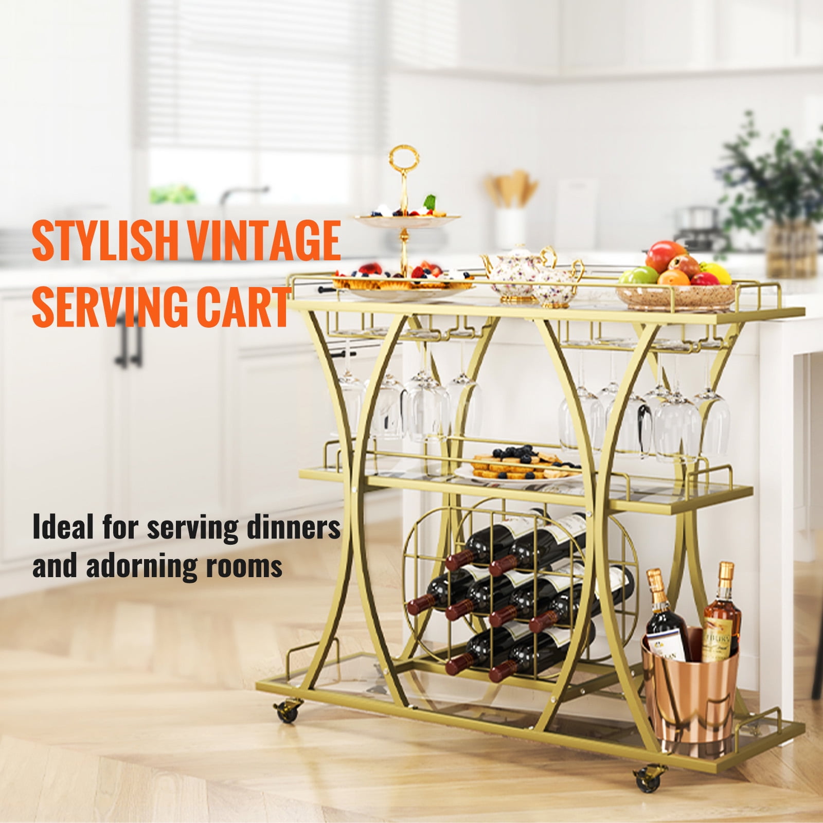 VEVOR Gold Bar Cart, 3 Tiers Home Bar Serving Cart with Lockable Wheels and Wine Rack Glass Holder, Rolling Wine Cart, Modern Wine Cart for Home Kitchen Dining and Living Room, 180 lbs - Image 2