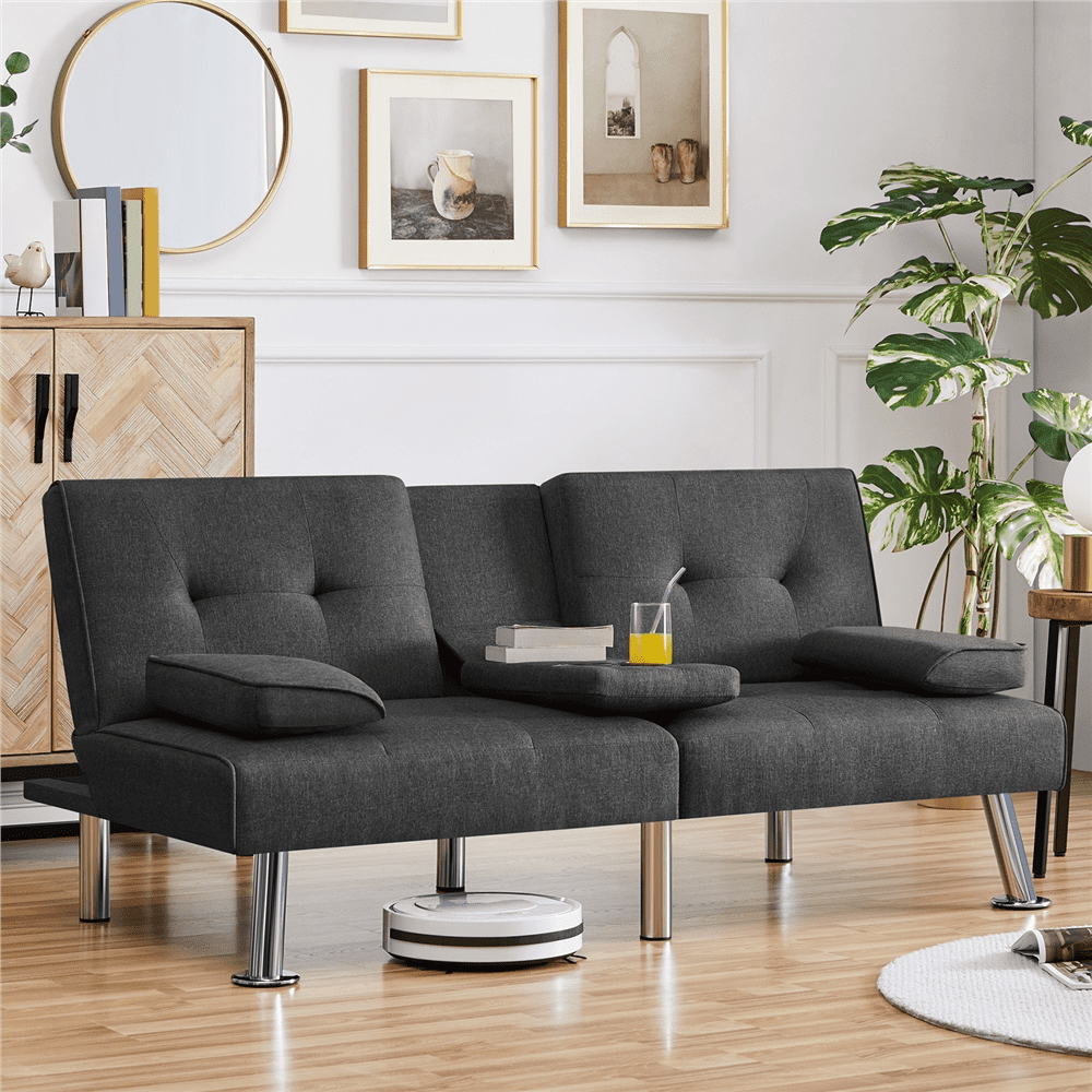 Renwick Fabric Upholstered Convertible Futon Sofa Bed with Cup Holders and Pillows, Dark Gray - Image 8
