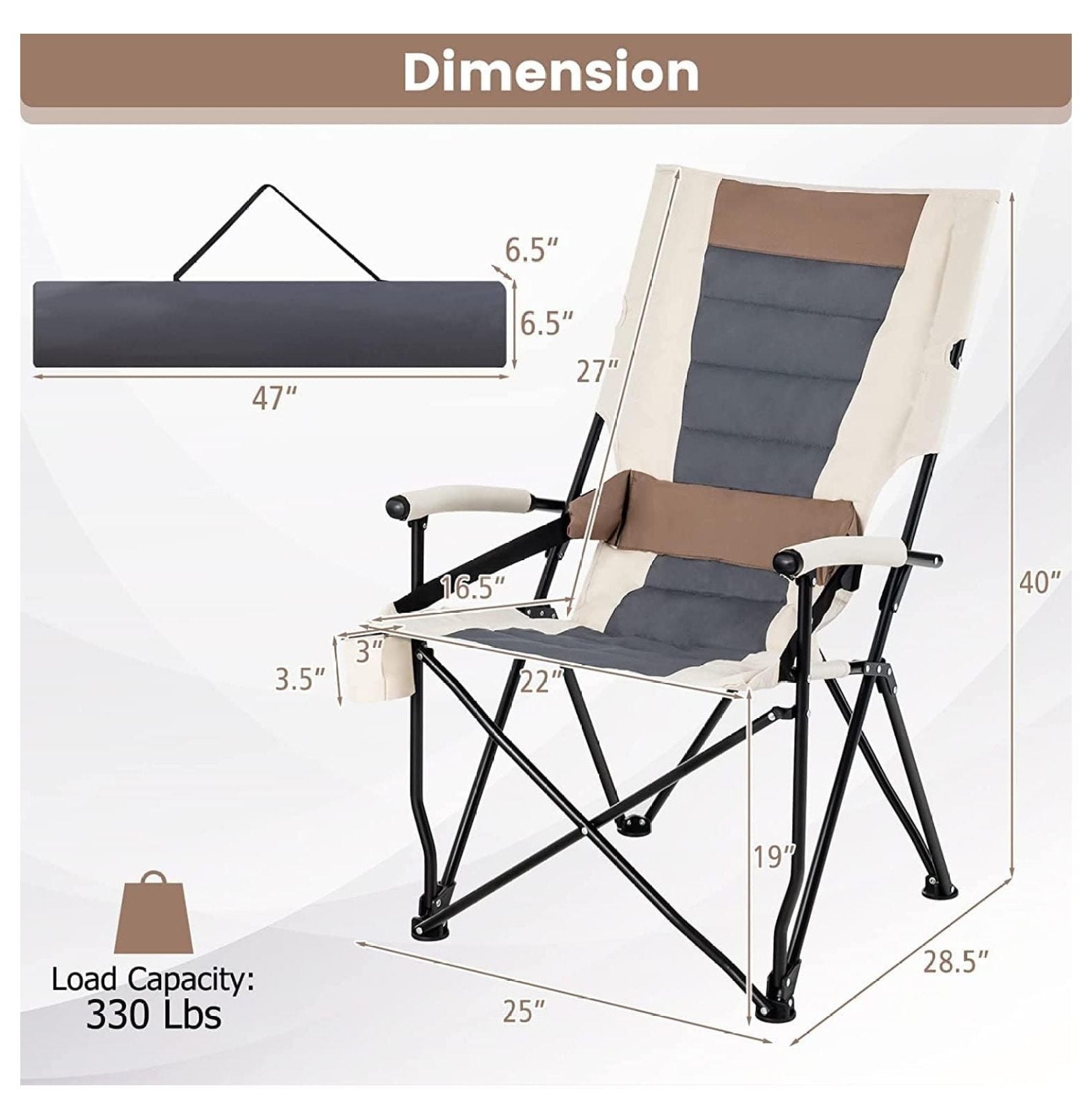 Folding Camping Chair, Portable Lightweight Camp Chair with Lumbar Support, Padded Seat, Carrying Bag, Cup Holder, Outdoor Lawn Chair for Yard Fishing Travel, No Assembly Needed - Image 6