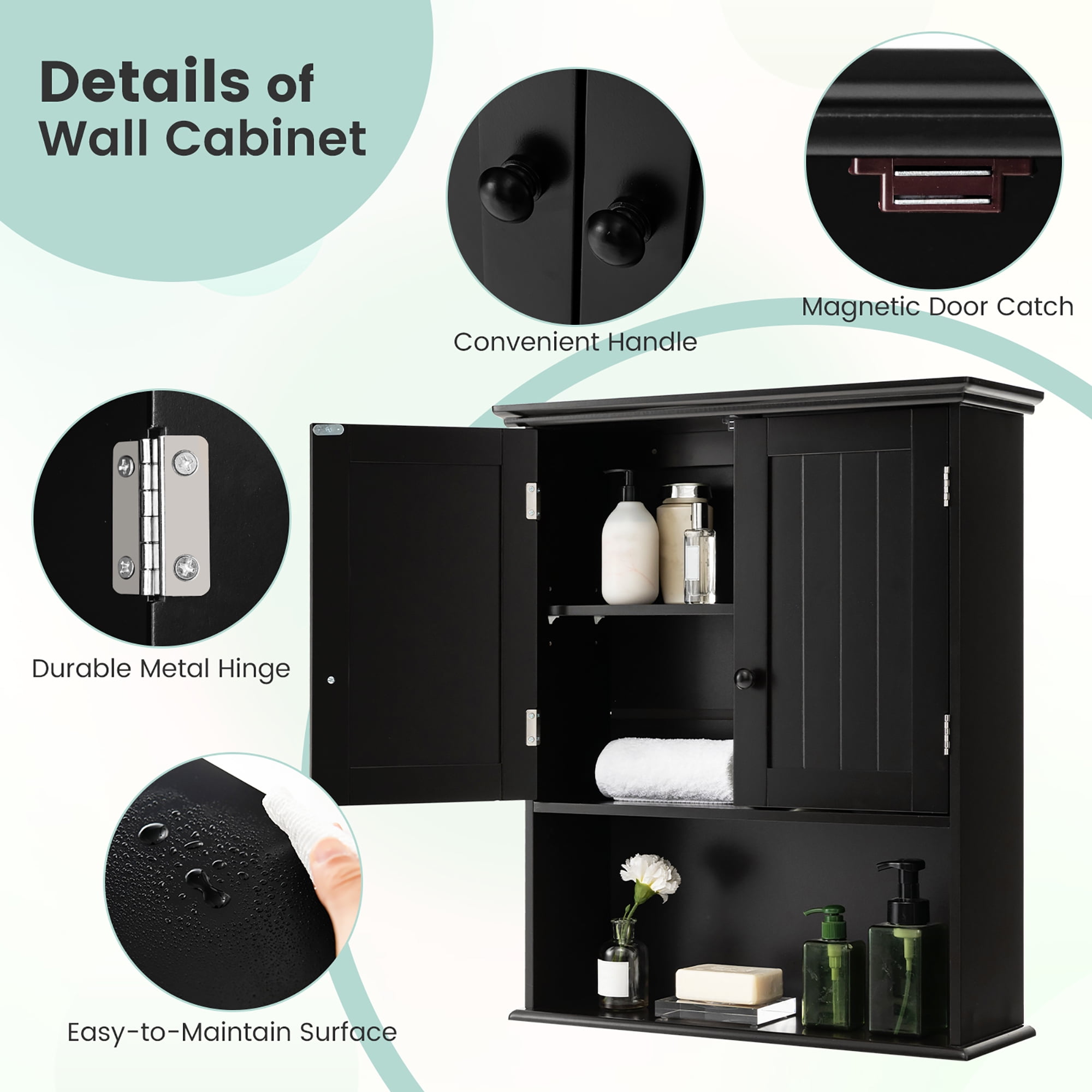 Costway Wall Mount Bathroom Cabinet Wooden Medicine Cabinet Storage Organizer Black - Image 10