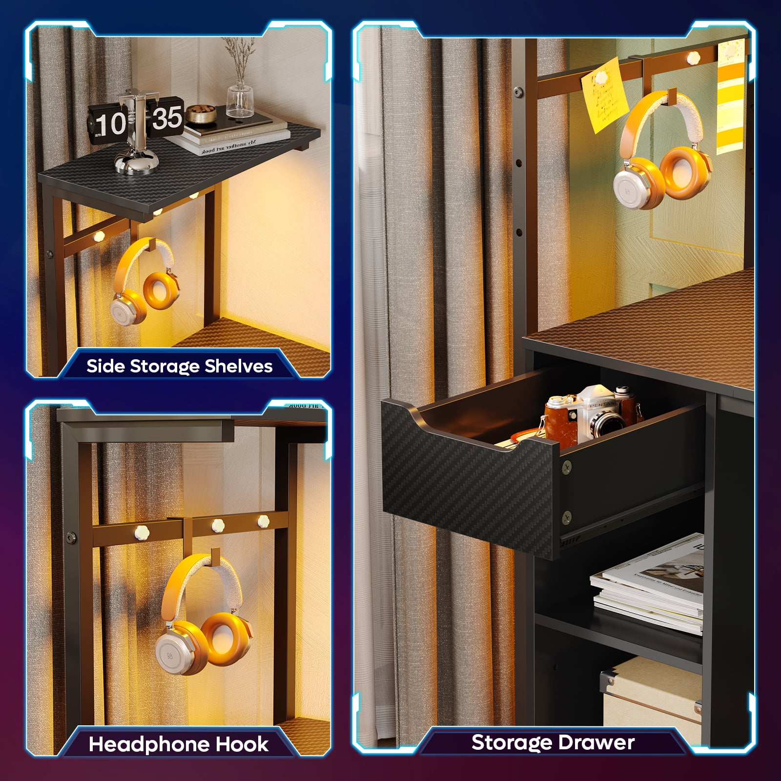 Bestier 48-Inch LED Gaming Desk with Adjustable Shelf and Storage Drawer, Black - Image 8