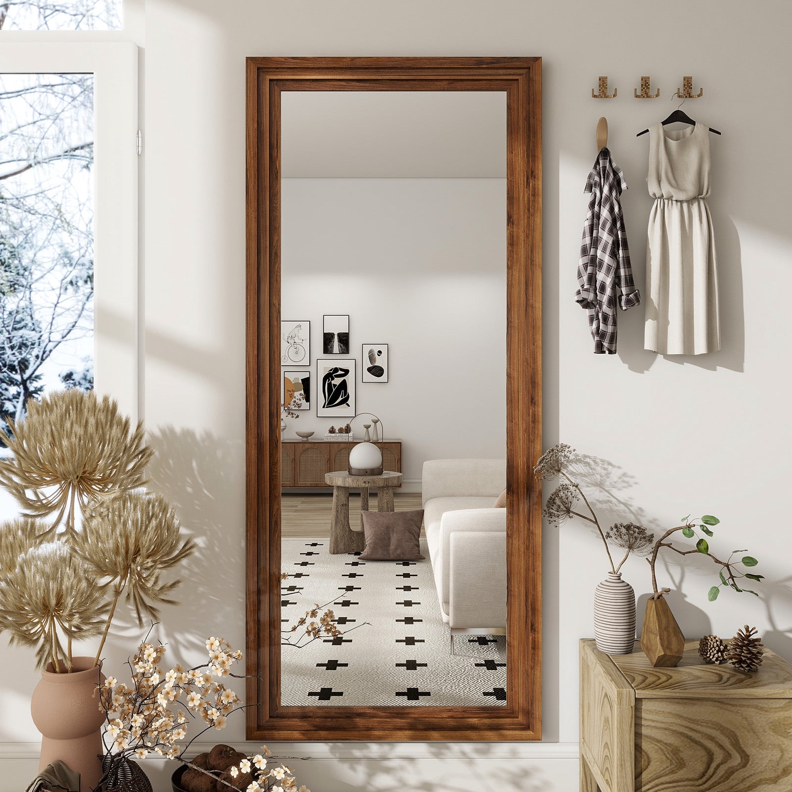 BEAUTYPEAK 21"x 64" Classic Paulownia Wood Framed Rectangle Full Length Mirror, Brown - Image 2