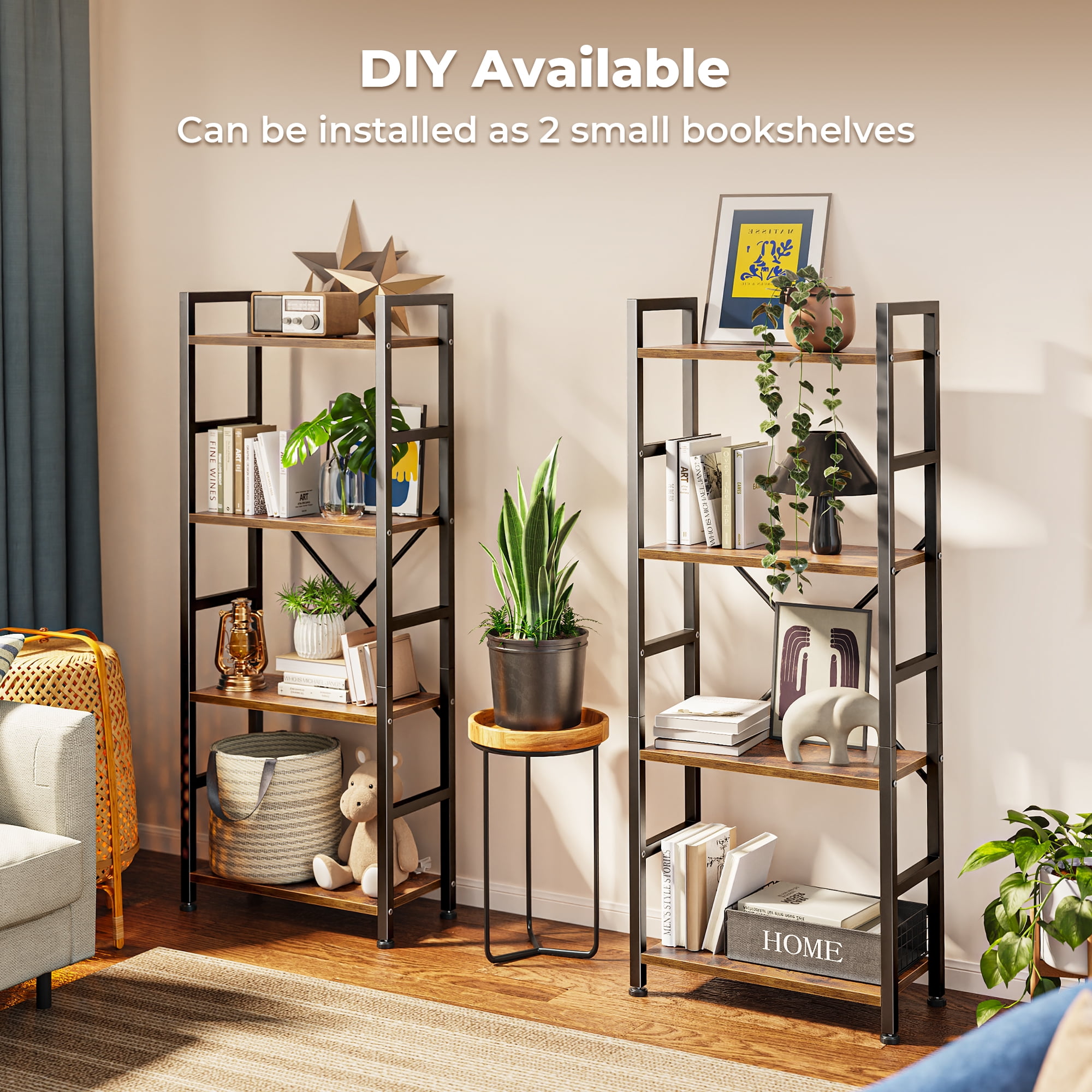 4 Tiers Industrial Bookcase and Bookshelf, Metal Wood 11 Display Shelves, Large Book Shelf for Living Room, Storage Shelf Organizer, Book Case in Brown - Image 9