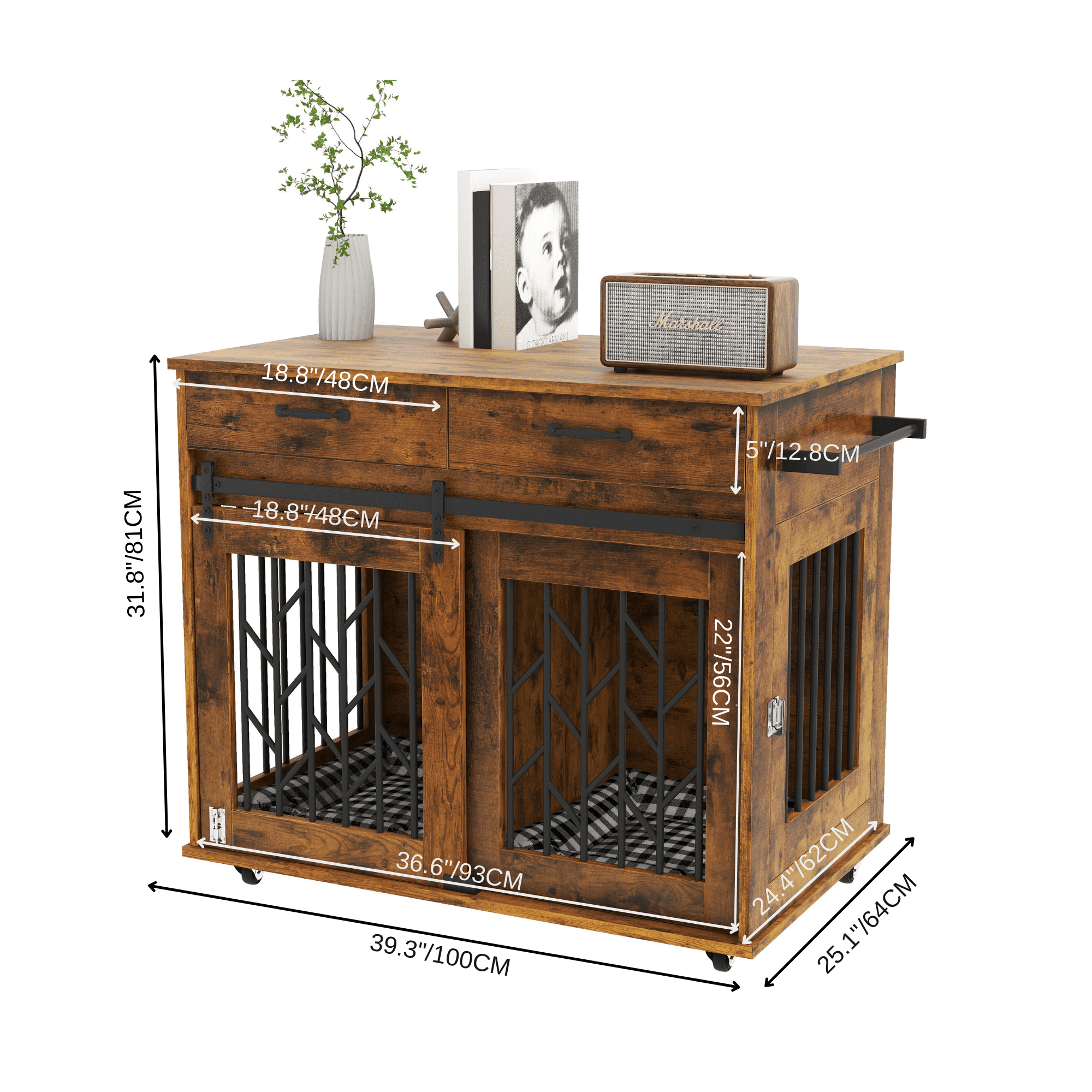 Uforic 39 in Dog Crate Furniture,Dual-Door Dog Kennel Indoor with Drawer & Wheels,Wooden Dog Crate House for S/M/L Size Dogs, End Table,39.3"L x 25.1"W x 31.8"H,Rustic Brown - Image 4