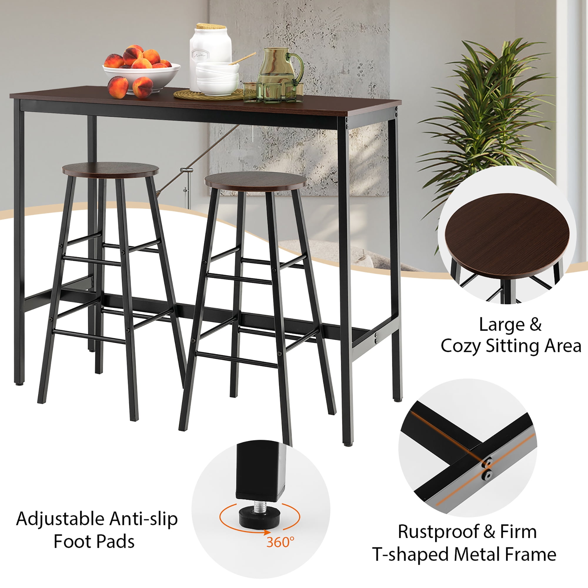 Costway 3-Piece Bar Table Set Pub Kitchen Dining Table w/ 2 Round Stools Black & Brown - Image 10