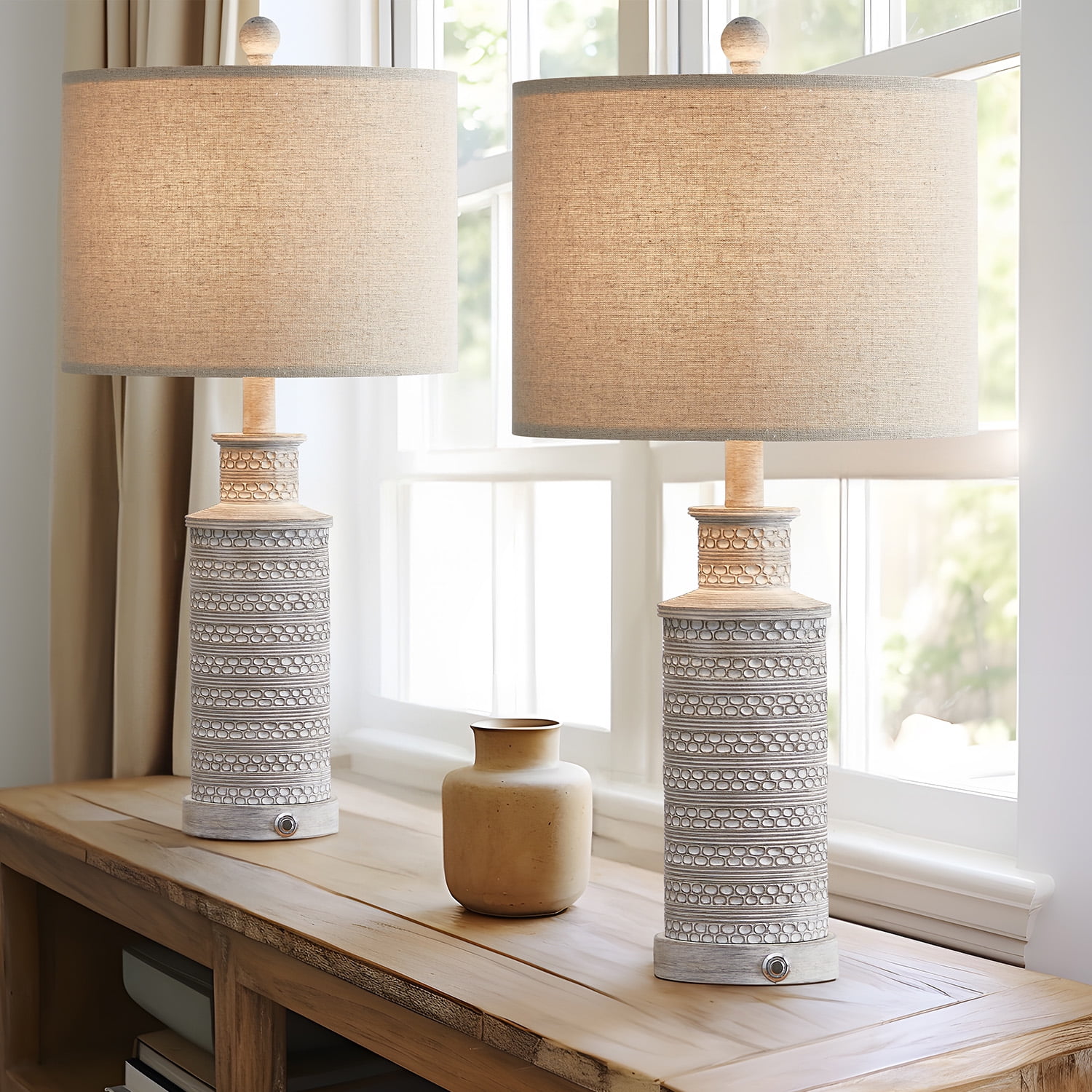 Oneach 3 Way Dimmable Table Lamp Set of 2 with USB Ports for Bedroom Living Room 24.5" Vintage Rustic Farmhouse Touch Control Nightstand Bedside Lamps Resin (Bulbs) - Image 3