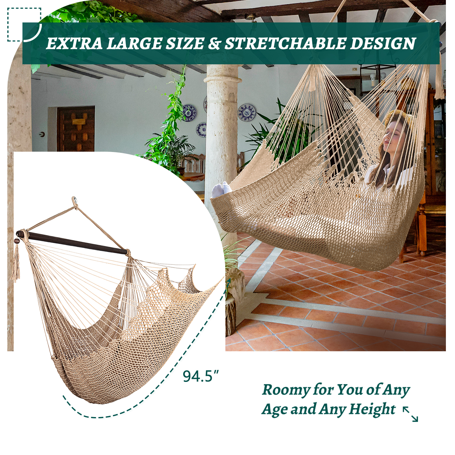 Bathonly Portable Caribbean Hammock Swing Chair with Wood Bar, Outdoor Indoor, Max 330 lbs, Brown - Image 4