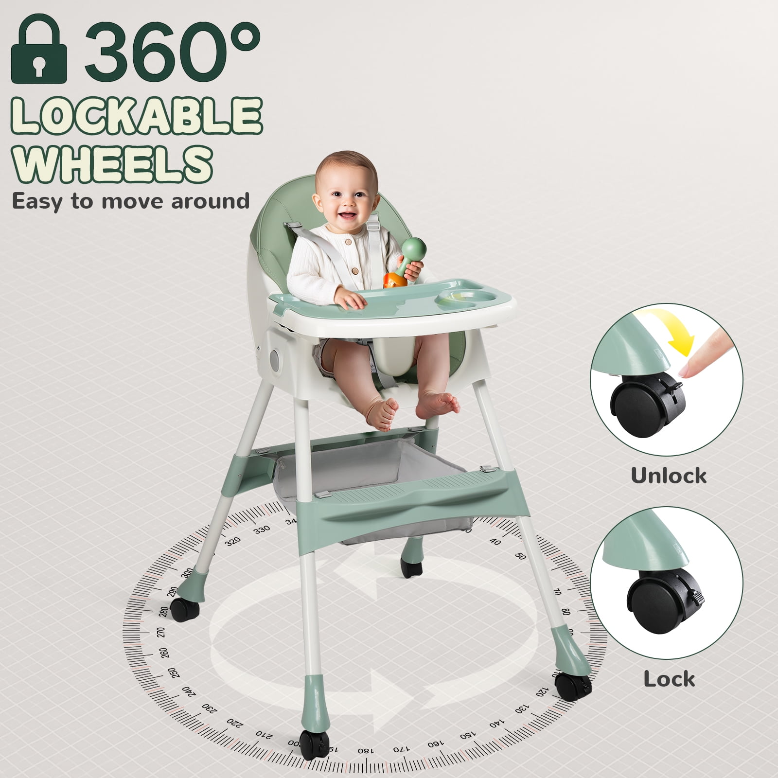 Ktaxon Baby High Chair, Convertible 6 in 1 High Chairs for Babies and Toddlers, Foldable Baby Highchair with 5-Point Safety Harness, Adjustable Dining Tray, Backrest & Height, Green - Image 12