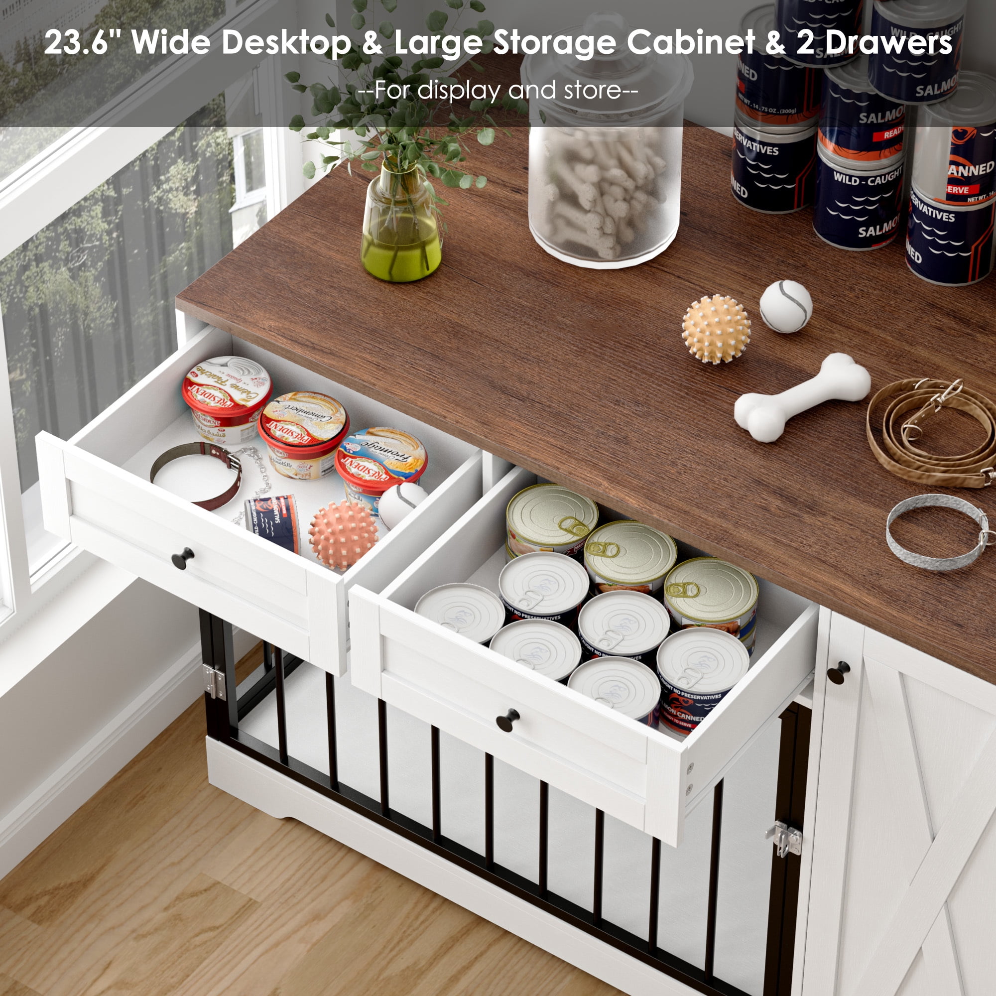 Homfa Dog Crate with Storage Cabinet and 2 Drawers, Indoor Furniture Style Wooden Large Dog Kennel, White - Image 4