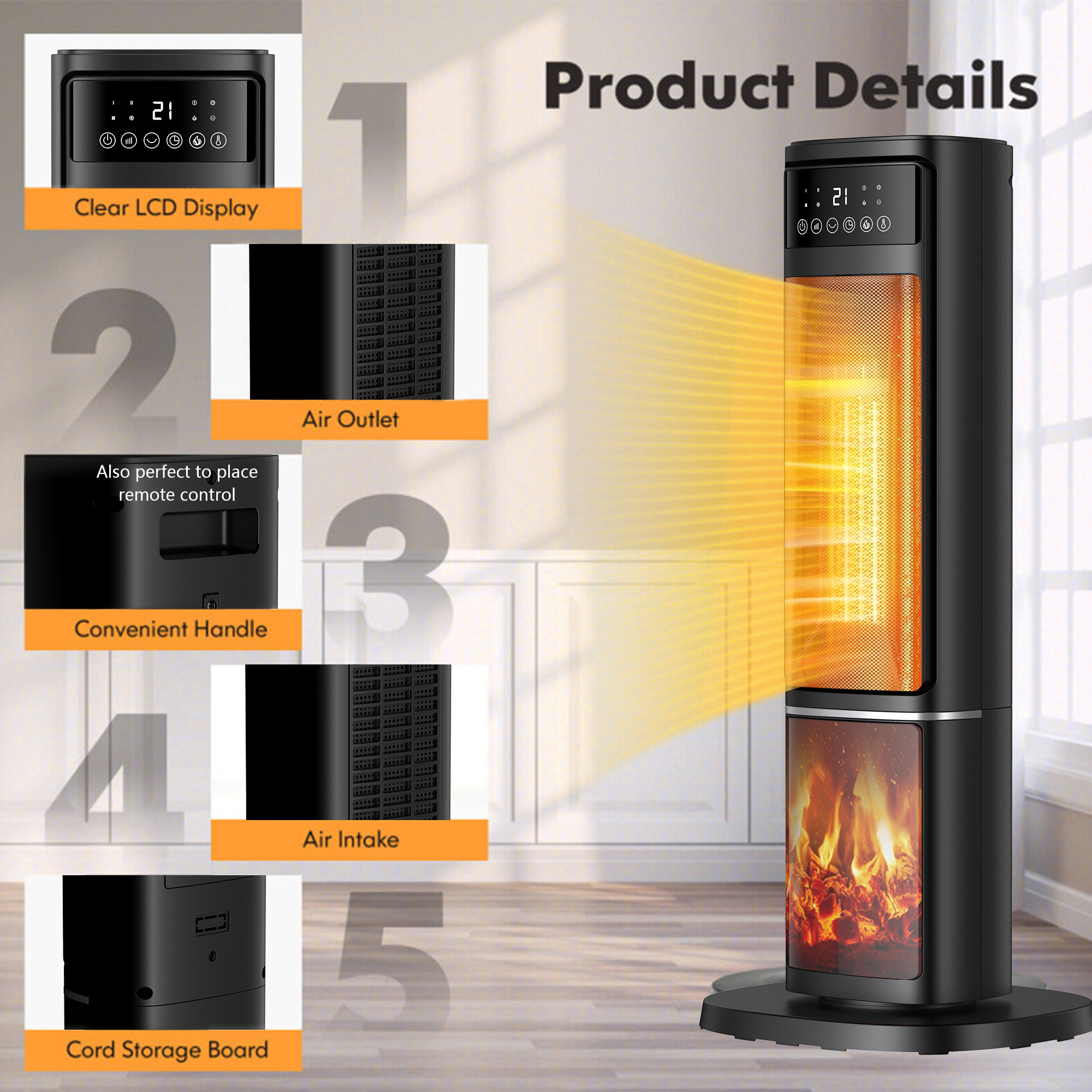 HONGGE 1500W Electric Space Heater PTC Fast Heating Ceramic Heater 3D Realistic Flame Safety Features for Office, Bedroom & Home - Image 3