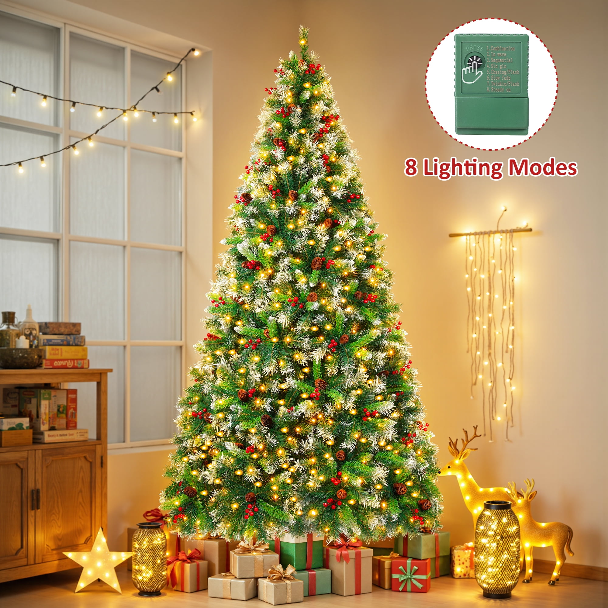 Firstness 6ft Pre-Lit Artificial Christmas Tree,Green Xmas Tree with 1000 Branch Tips 300 LED Lights,Pine Cones + Red Berries - Image 5