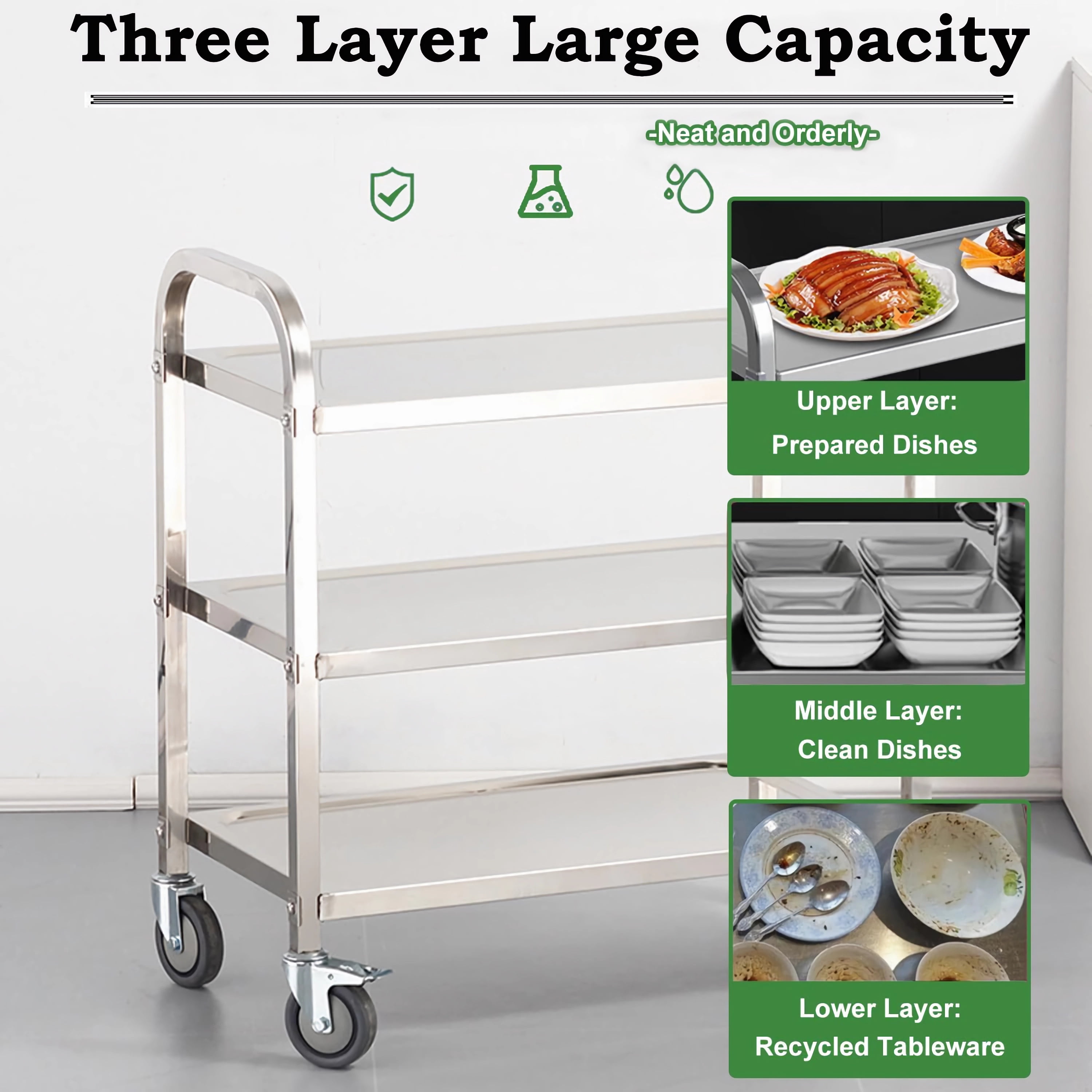 Petoto 37x20x37 inch 3-Tier Stainless Steel Utility Cart - Commercial Food Cart - Kitchen Serving Carts with Locking Wheels - Image 4