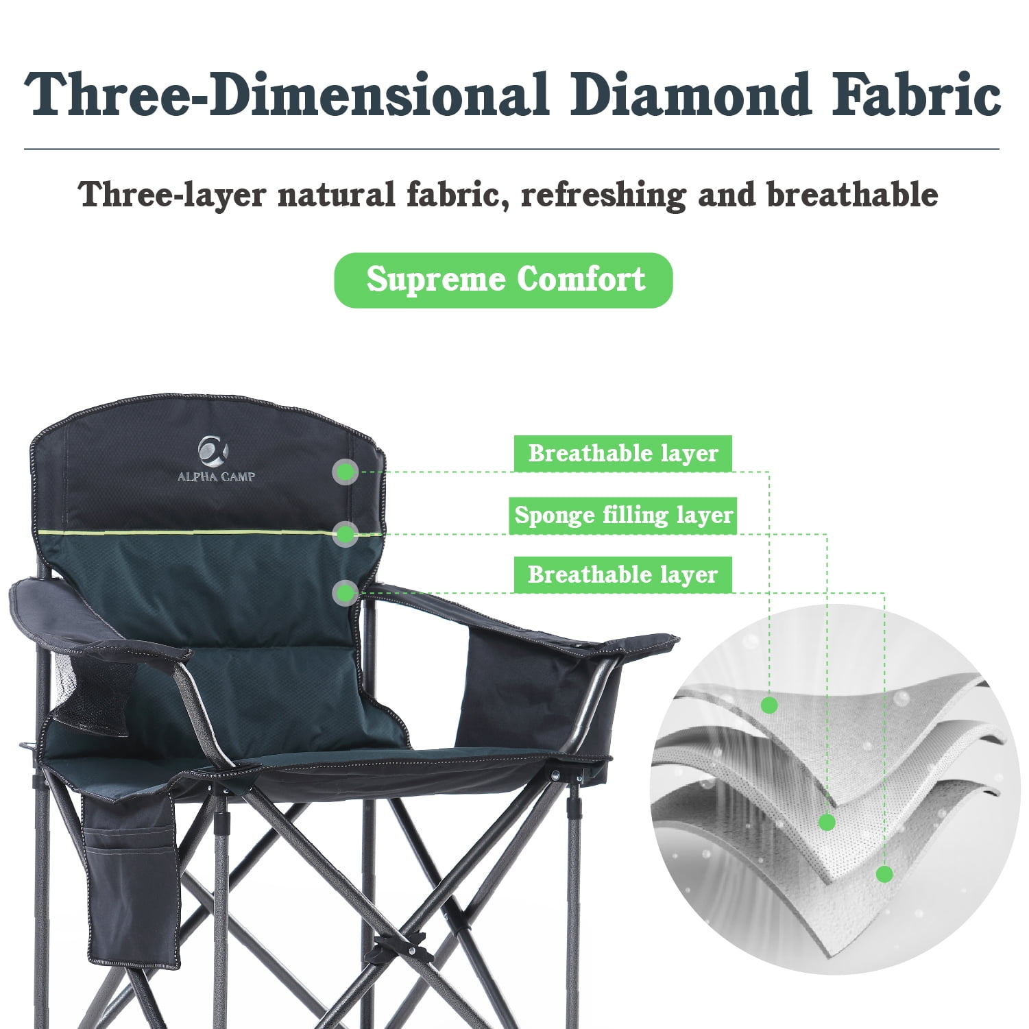 Alpha Joy Oversized Camping Chair Portable Padded Quad Chair Heavy Duty Lawn Chair Steel Frame Arm Chair with Cooler 450LBS Weight Capacity Suitable for Outdoor Camping, Green,Adult - Image 9