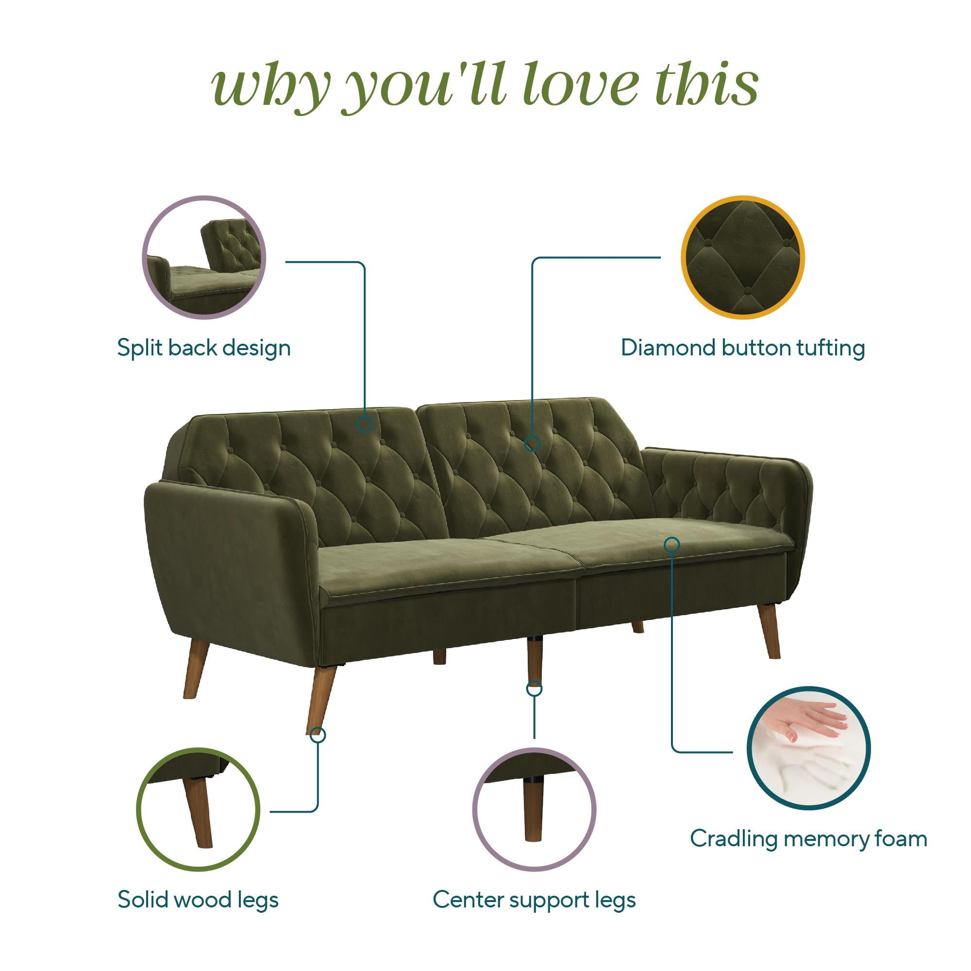 Novogratz Tallulah 83" Memory Foam Futon Sofa Bed, Green Velvet - Image 14