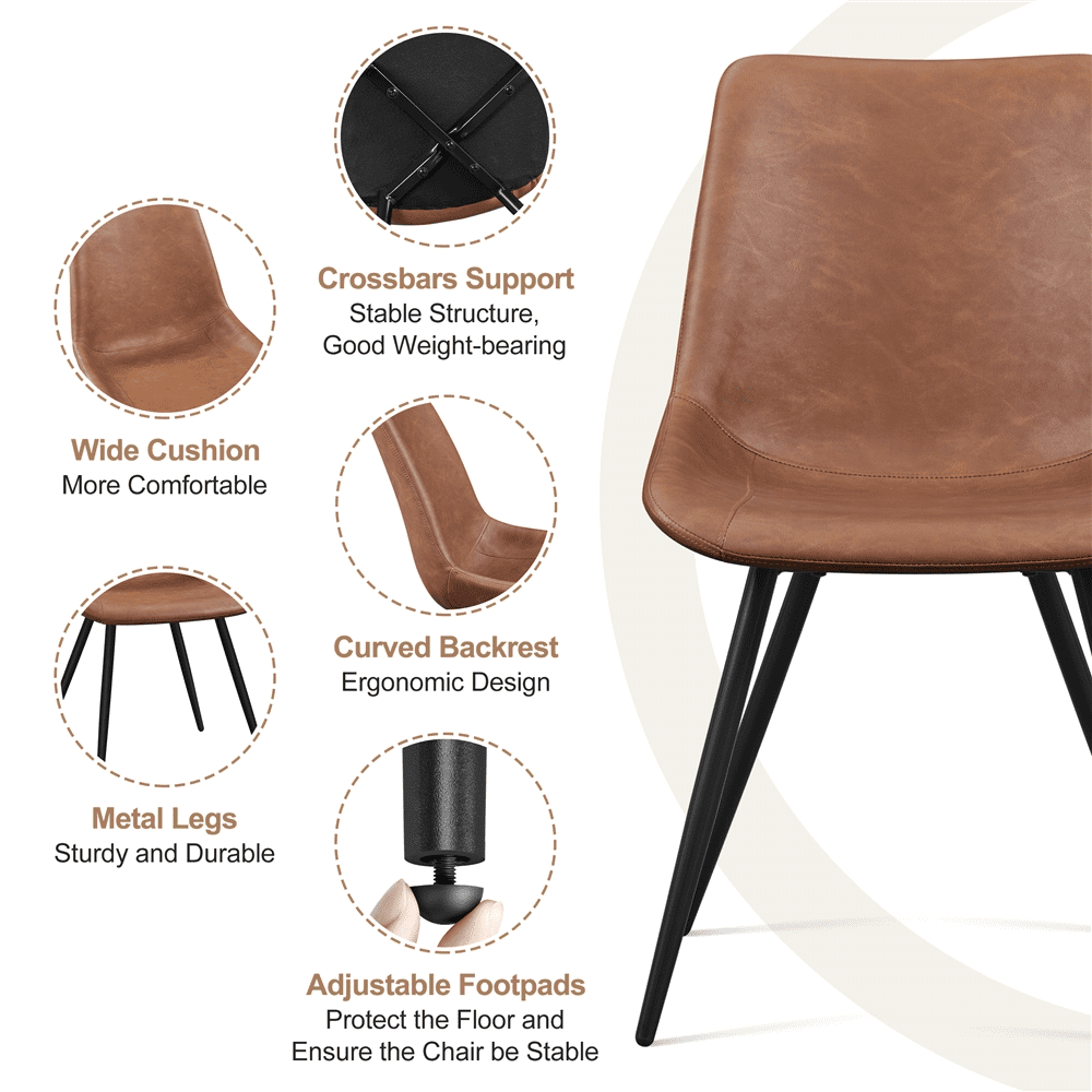 Alden Design 2PCS Faux Leather Dining Chairs with Metal Legs for Dining Room, Brown - Image 2