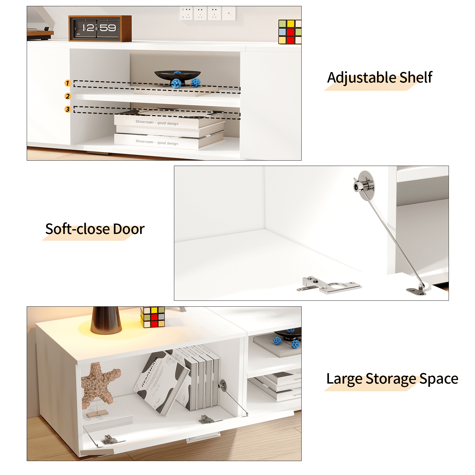 RichYa Modern TV Stand for 55/65/70 Inch TVs, 2 Storage Cabinets 2 Open Shelves, 2-in-1 TV Cabinet & Coffee Table for Home Decor, Media Cabinet for Living Room Bedroom, White - Image 6