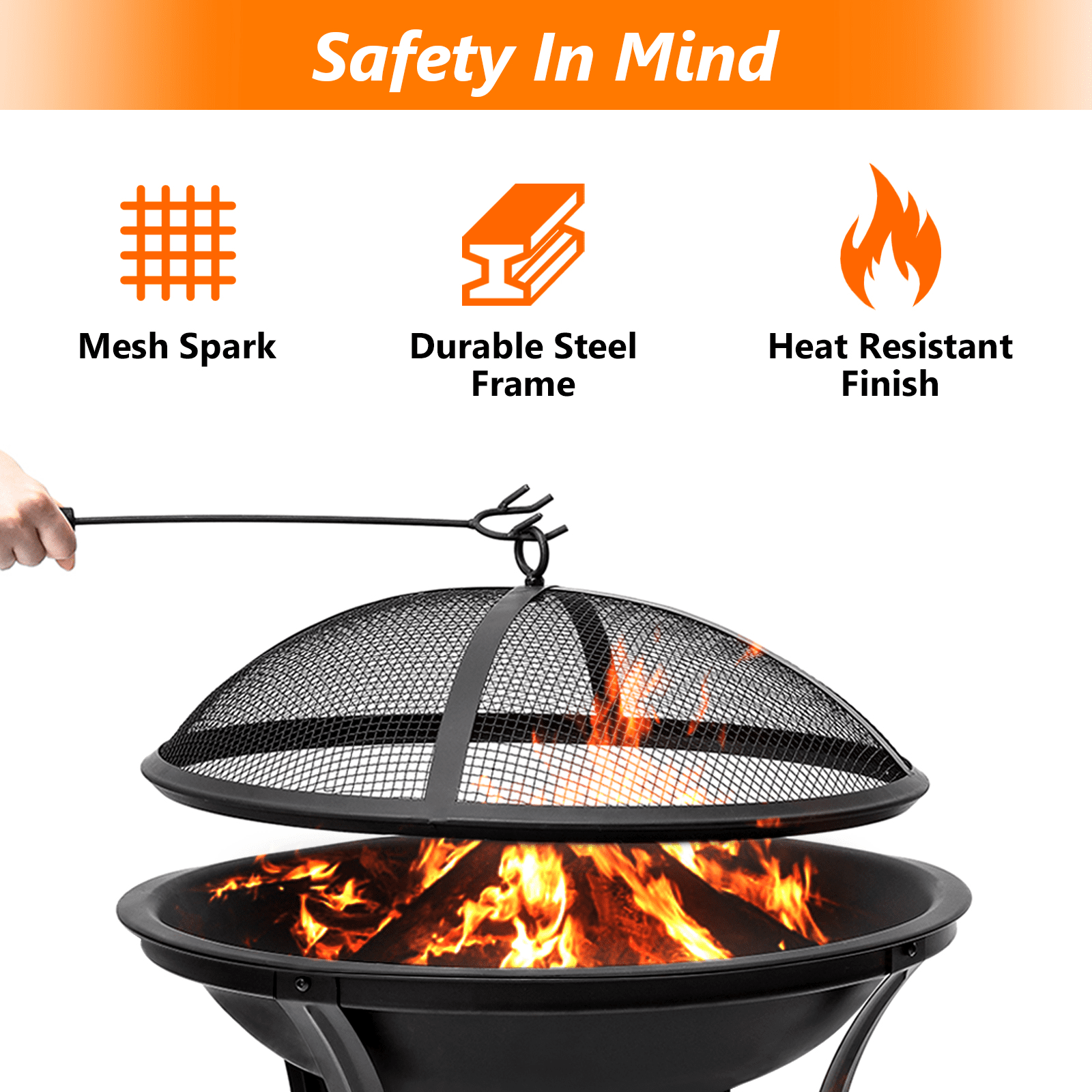 SinglyFire 22 inch Fire Pit for Outside Portable Wood Burning Fire Pit Outdoor Small Firepit Bowl Thick Steel Stand with Spark Screen, Log Grate, Poker for Patio Camping - Image 7