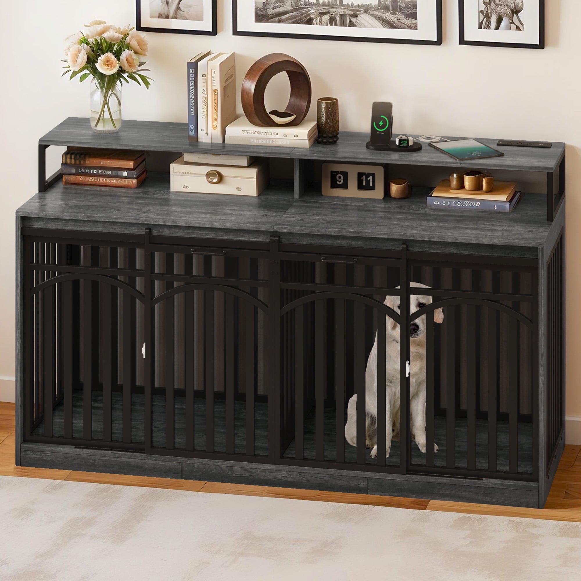 Uforic XL Heavy Duty Dog Crate Furniture with LED Lighting and Power Outlets, 70" TV Stand Large Metal Dog Kennel - Gray Oak - Image 9