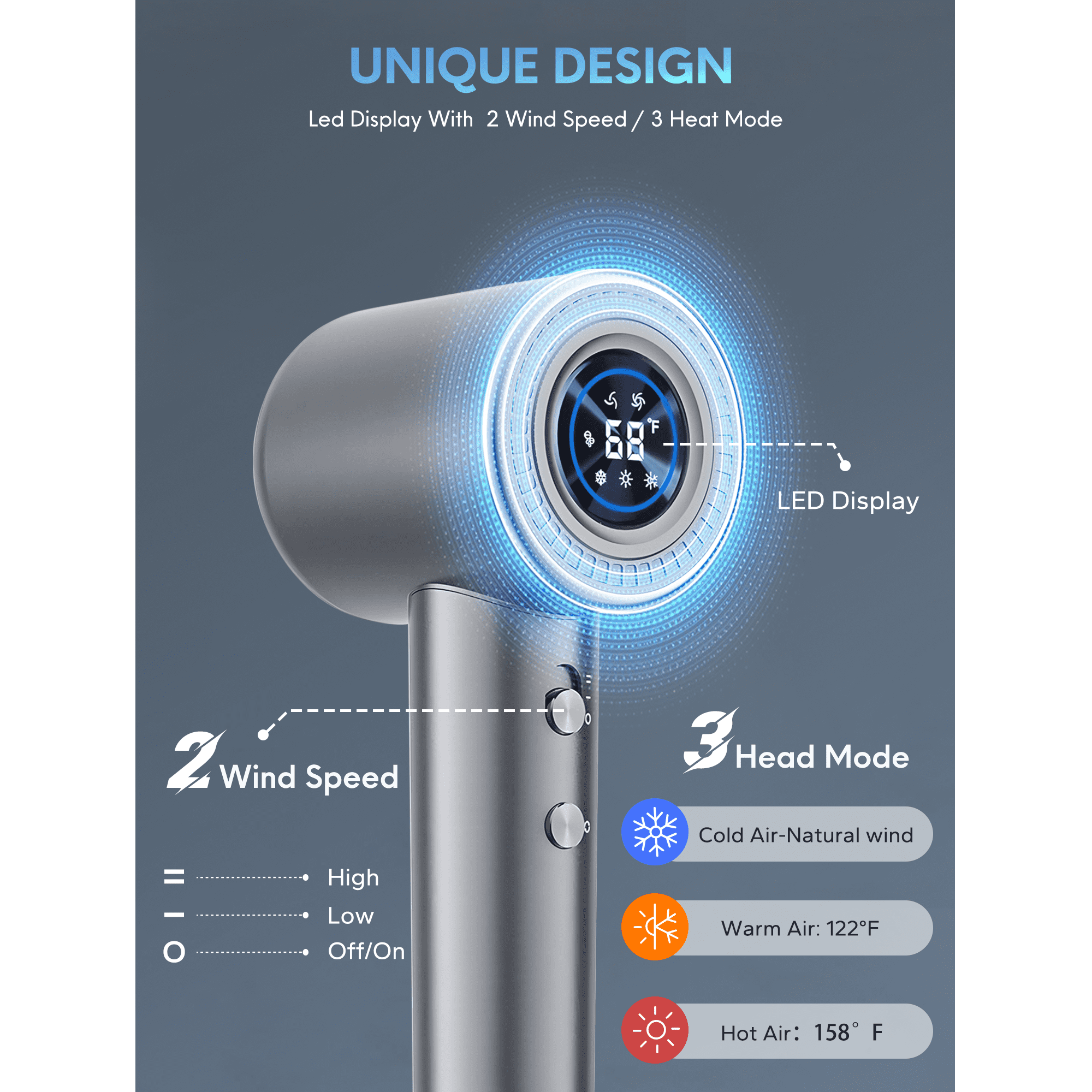 LOOKLIM High Speed Hair Dryer, Quiet Lightweight Ionic Hair Blow Dryer with 6 Blowout Mode, Gray - Image 4