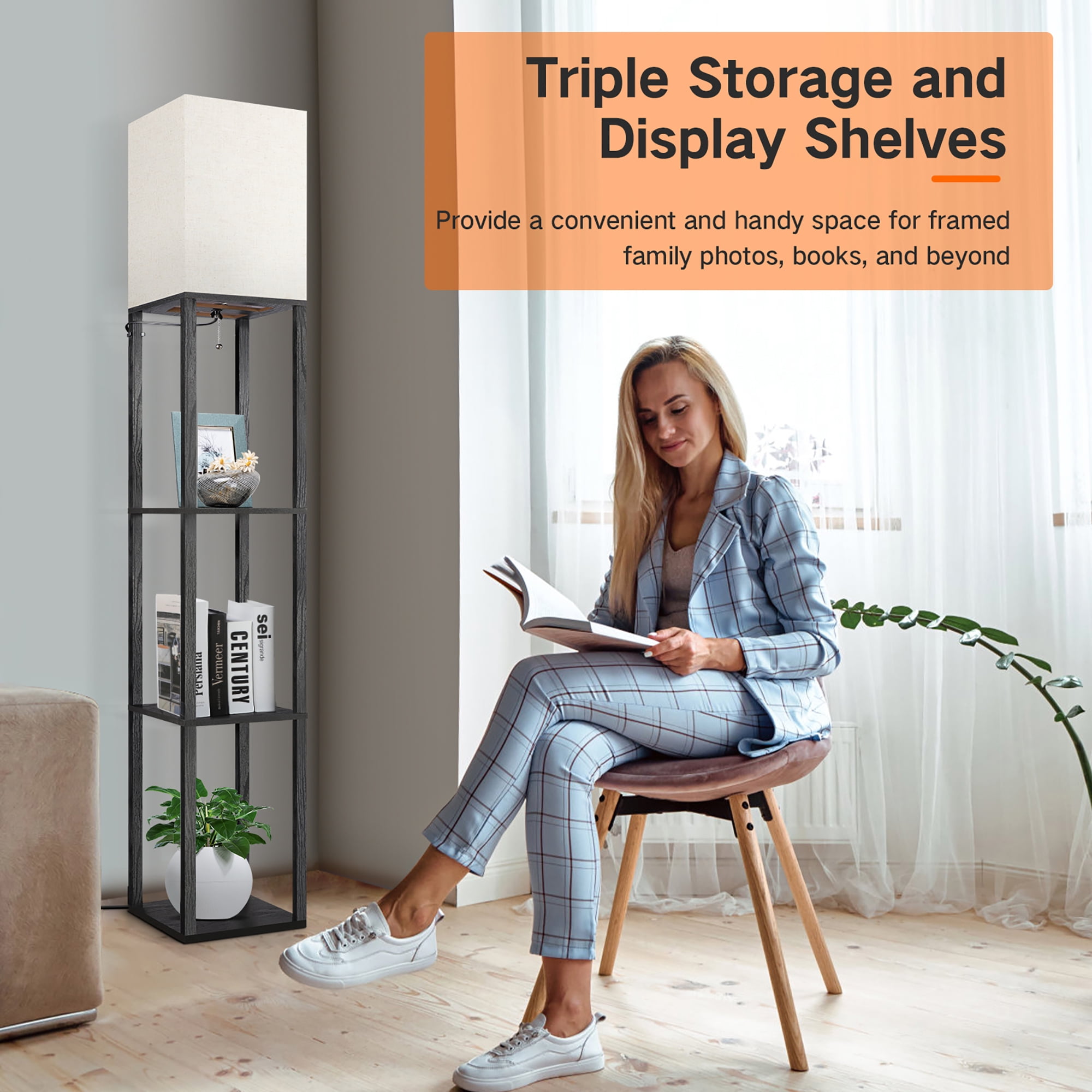 OUTON 63" Floor Lamp with Shelves, Modern Dimmable Standing Lamps with Remote Control for Living Room, Bedroom, Black - Image 7