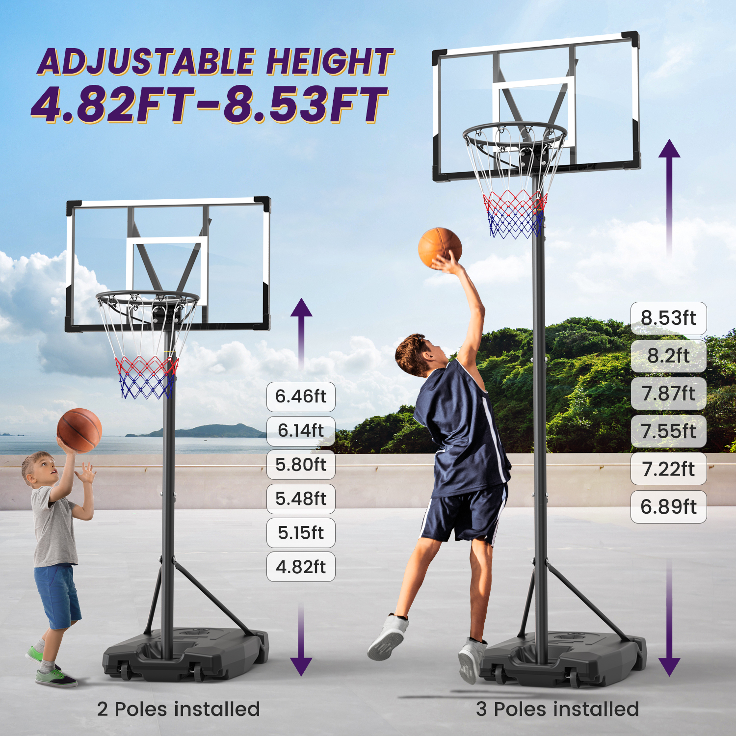 NEDYO Basketball Hoop for Kids, 6.5-8.5FT Height Adjustable, 33'' PC Bcakboard & Portable, for Indoor & Outdoor Use - Image 2