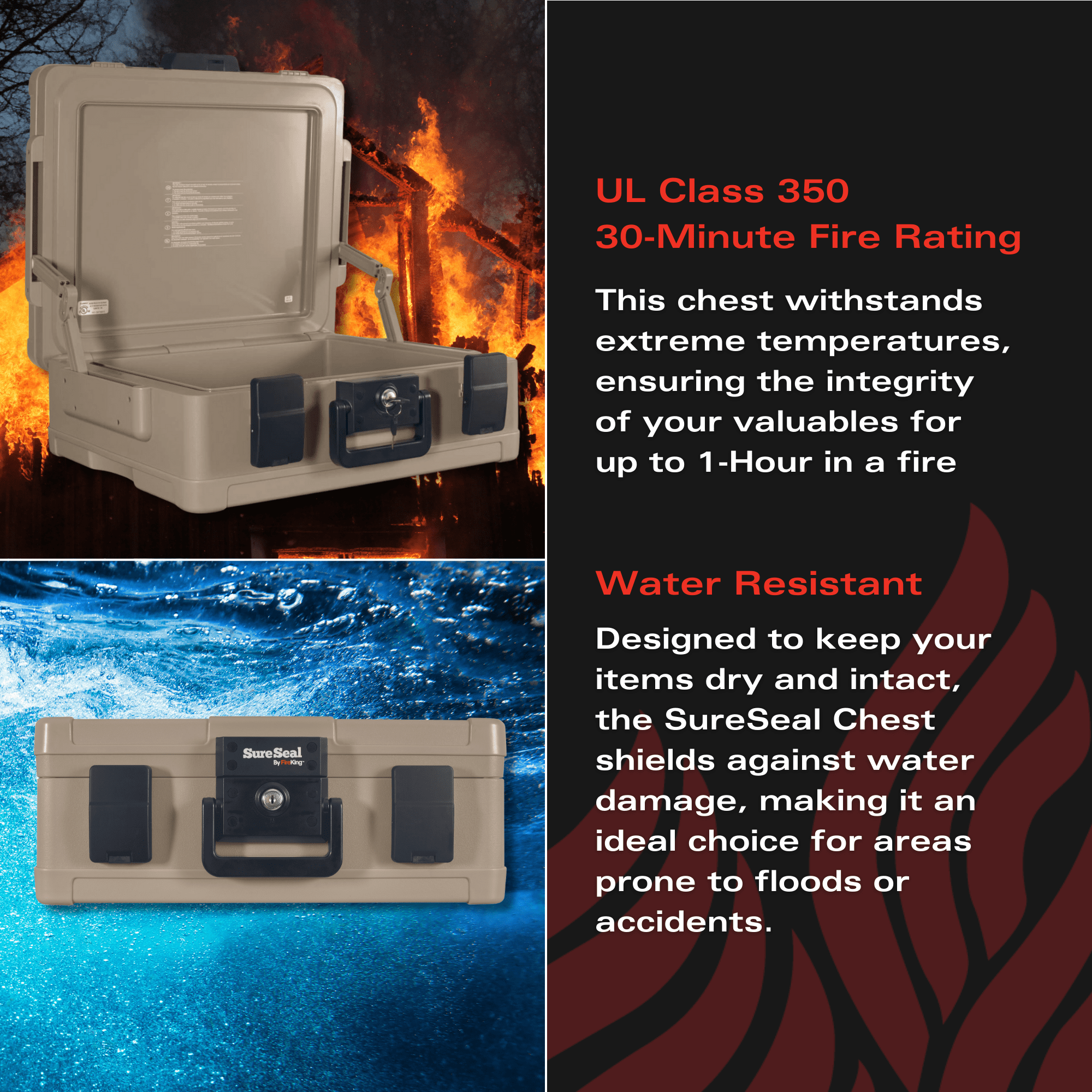 Sure Seal by FireKing 1-Hour Fire-Resistant and Waterproof Chest, 0.38 cu ft, 19.9w x 17d x 7.3h, Taupe, 1 Count - Image 2