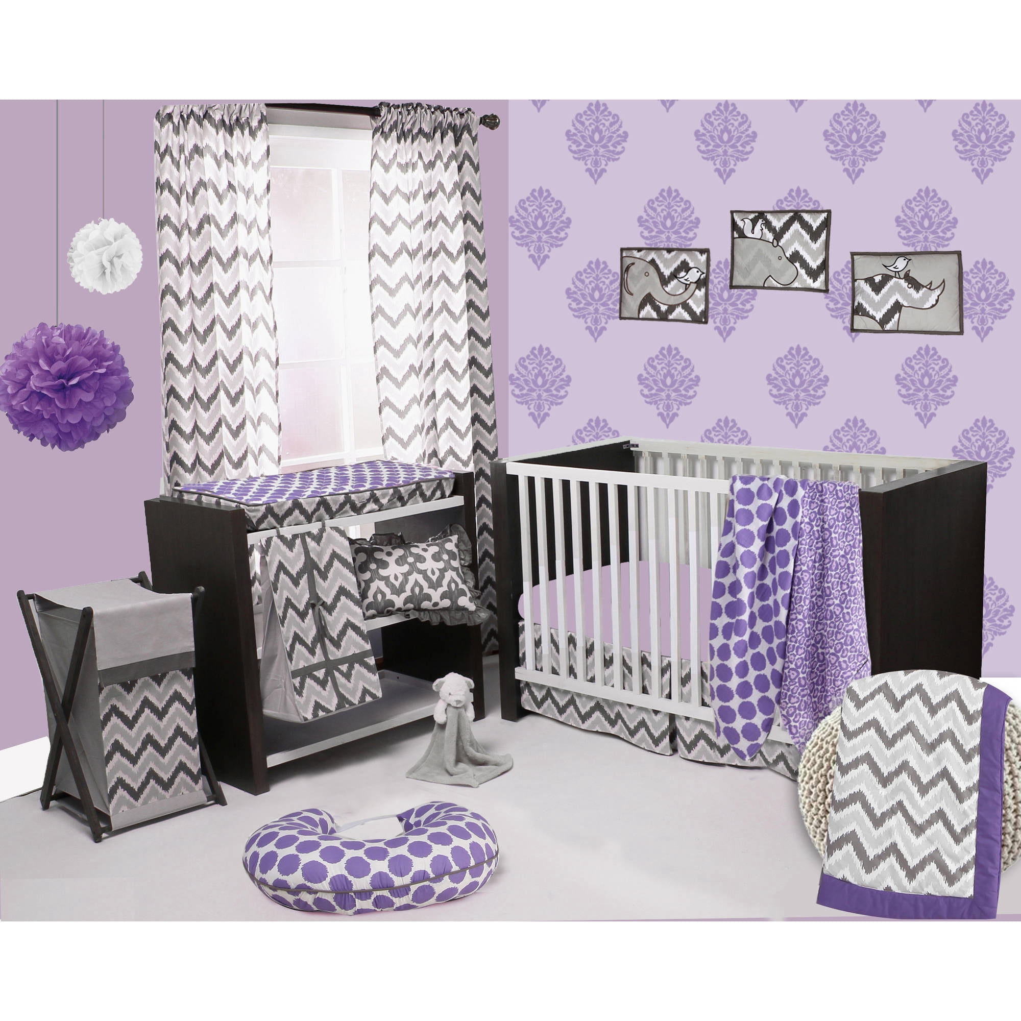Bacati - Ikat Leopard/Dots/Damask 4-Piece Crib Bedding Set with 2 Muslin Swadling Blankets, Purple/Grey - Image 2