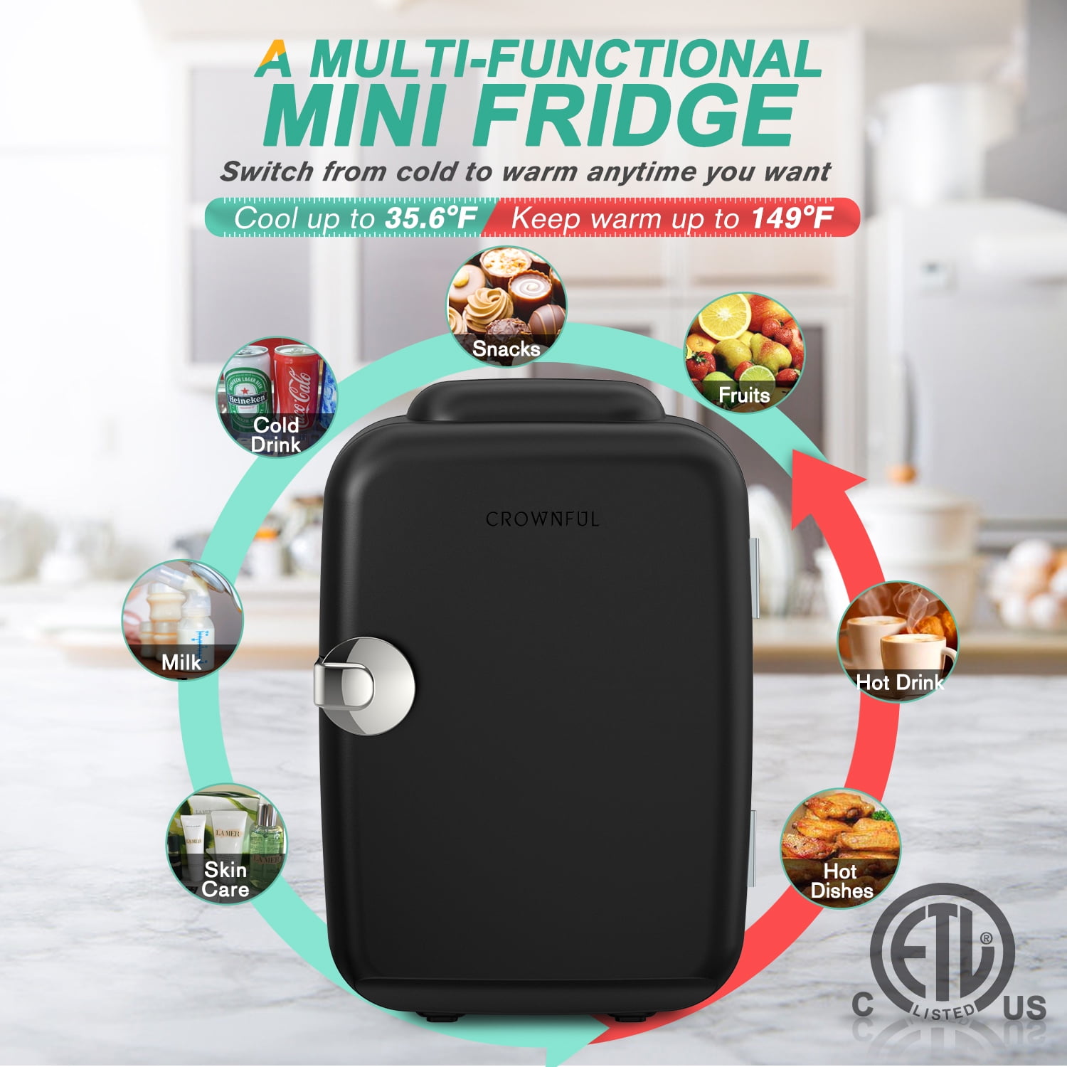 CROWNFUL Mini Fridge, 4 Liter/6 Can Portable Cooler and Warmer Personal Refrigerator, AC/DC,Black - Image 3