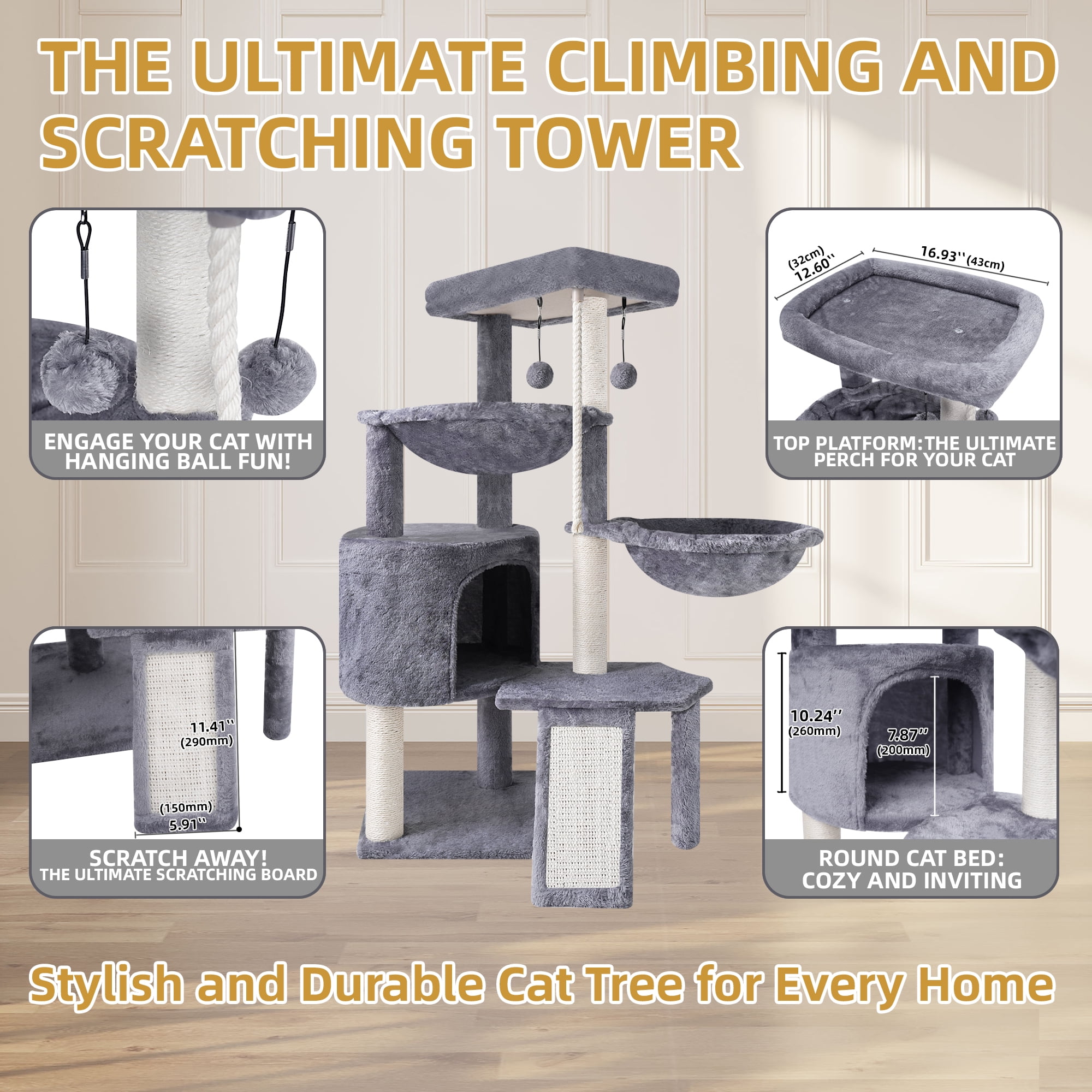 AIWIKIDE 37.4'' Cat Tree Cat Tower with Scratching Posts, Activity Centre Climbing Tree Cat Furniture with Cat Condo and Two Hammocks, Grey - Image 4