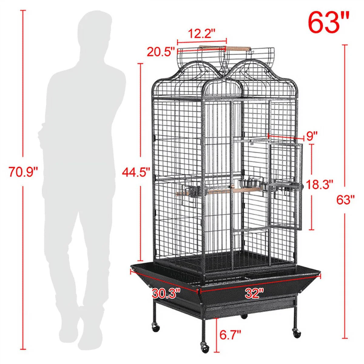 Renwick 63'' H Open Playtop Rolling Metal Bird Cage with Stand, Black - Image 3