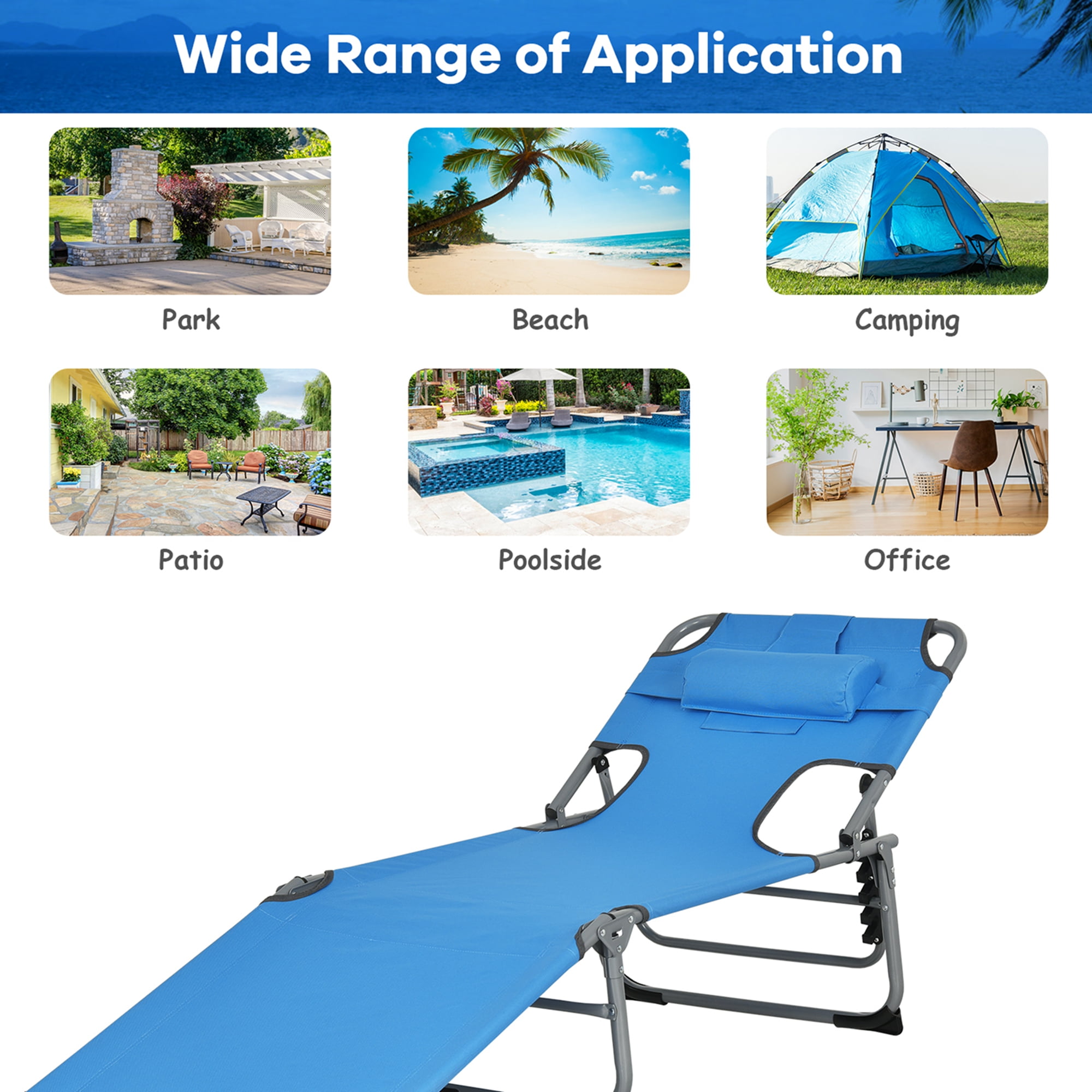 Goplus Outdoor Beach Lounge Chair Folding Chaise Lounge with Pillow Blue - Image 2