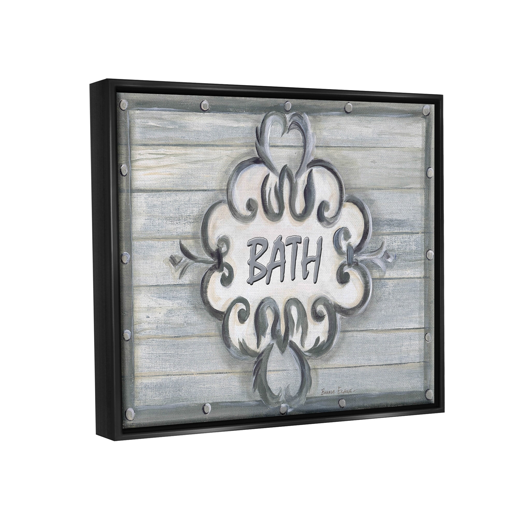 Stupell Industries Bath Grey Bead Board with Scroll Plaque Bathroom Jet Black Framed Floating Canvas Wall Art, 16x20, by Bonnie Wrublesky - Image 2