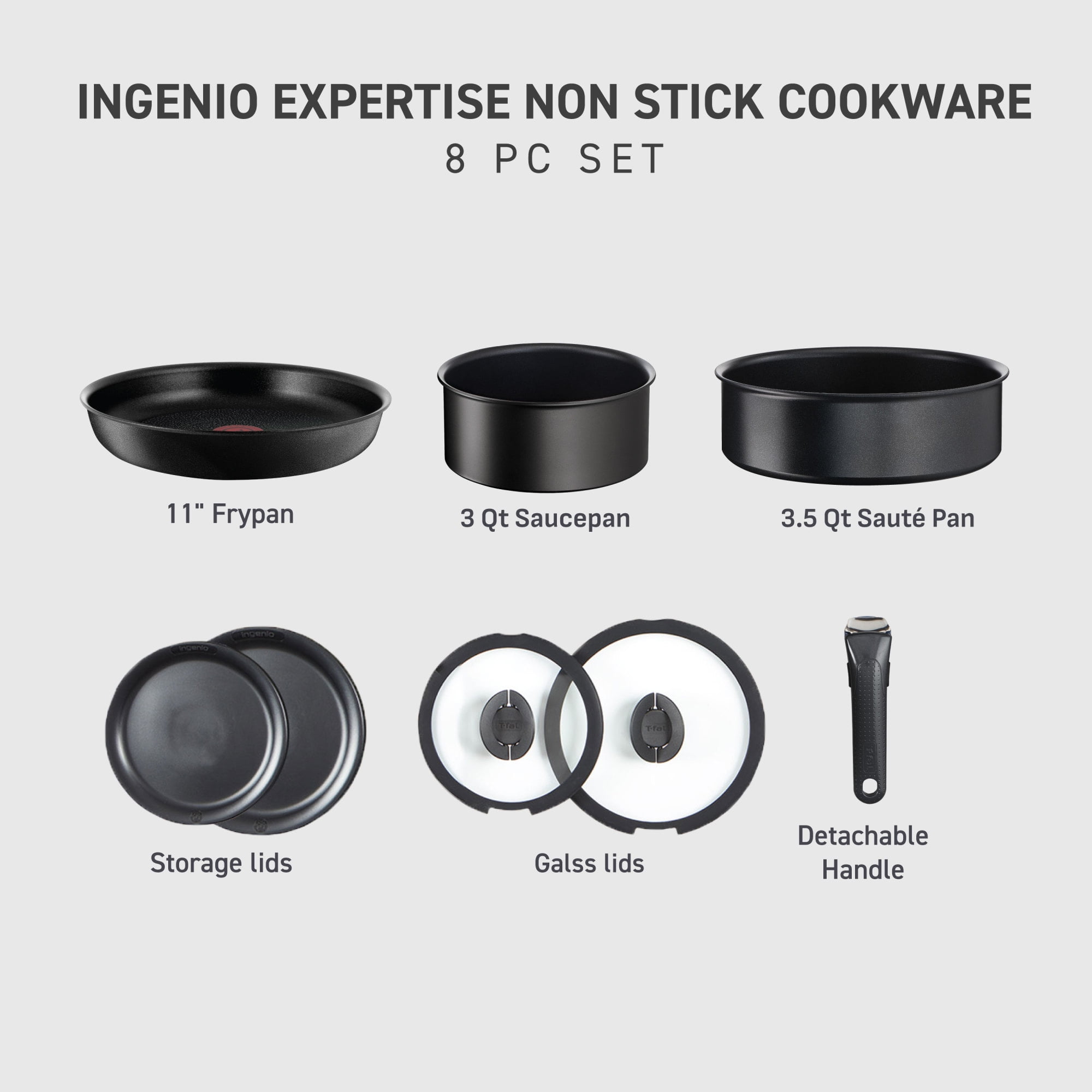 T-fal Ingenio Expertise, Nonstick Cookware Set, 8 Piece, Induction Oven Safe 500F, RV, Detachable Handle, Black - Image 6