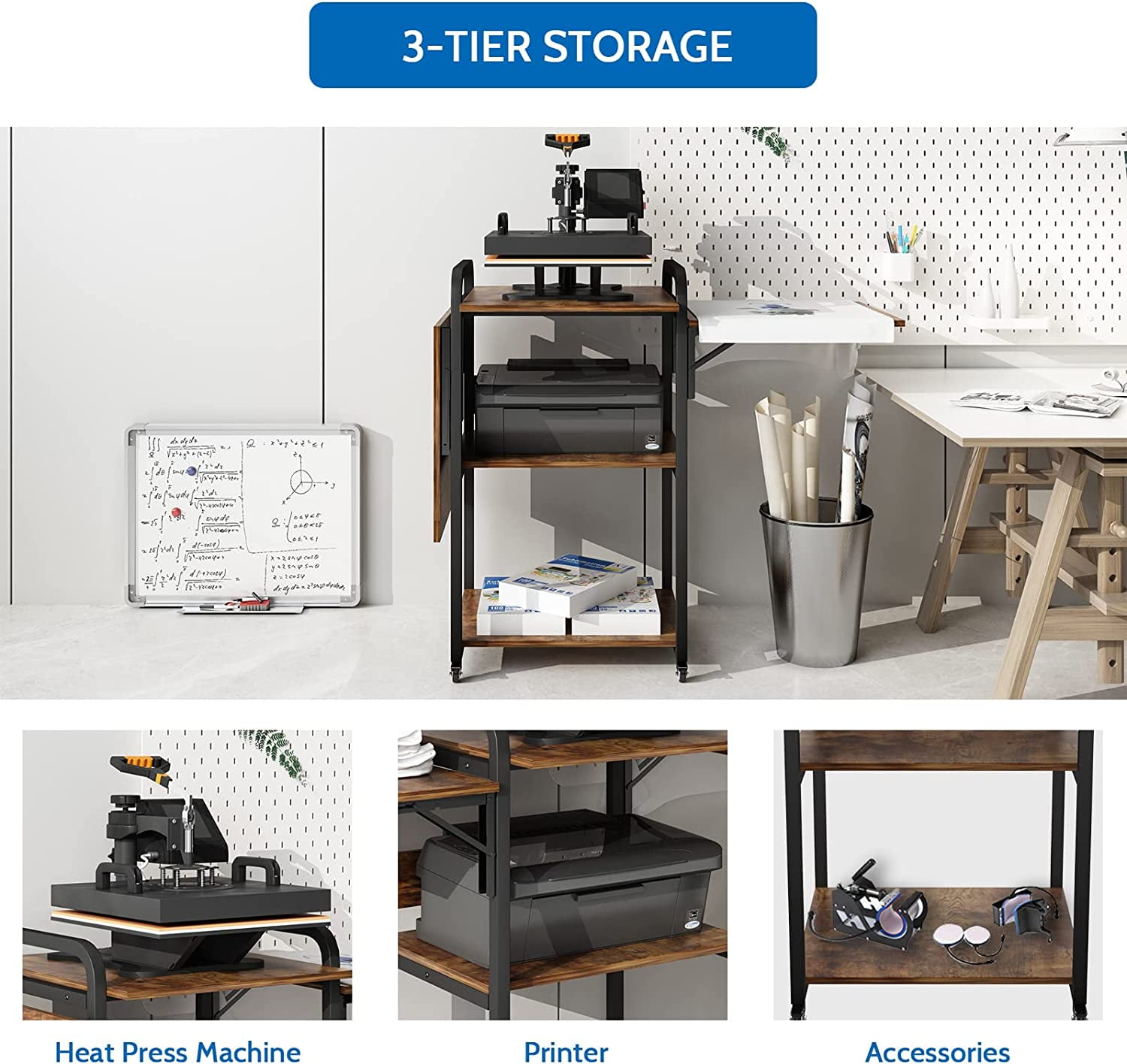 Natwind 3 Tier Movable Heat Press Table Foldable Heat Transfer Machine Stand Heavy Duty Rolling Workbench with Folding Table for DIY Sublimation Transfer Machine Metal Shelf Storage Organization - Image 4