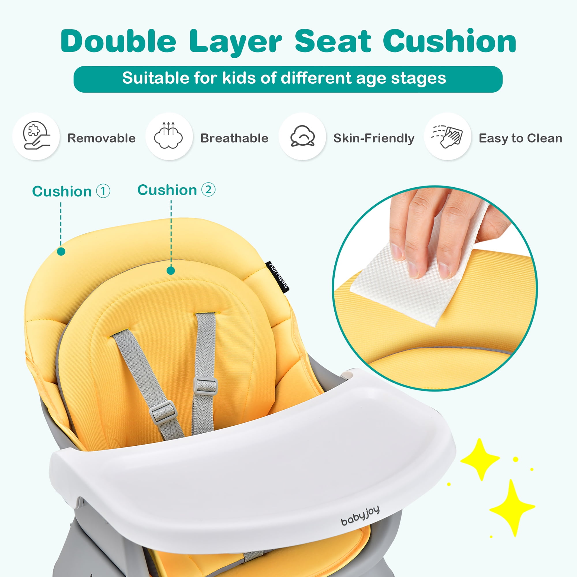 Babyjoy 8-in-1 unisex Baby High Chair Convertible Dining Booster Seat with Removable Tray Yellow - Image 9