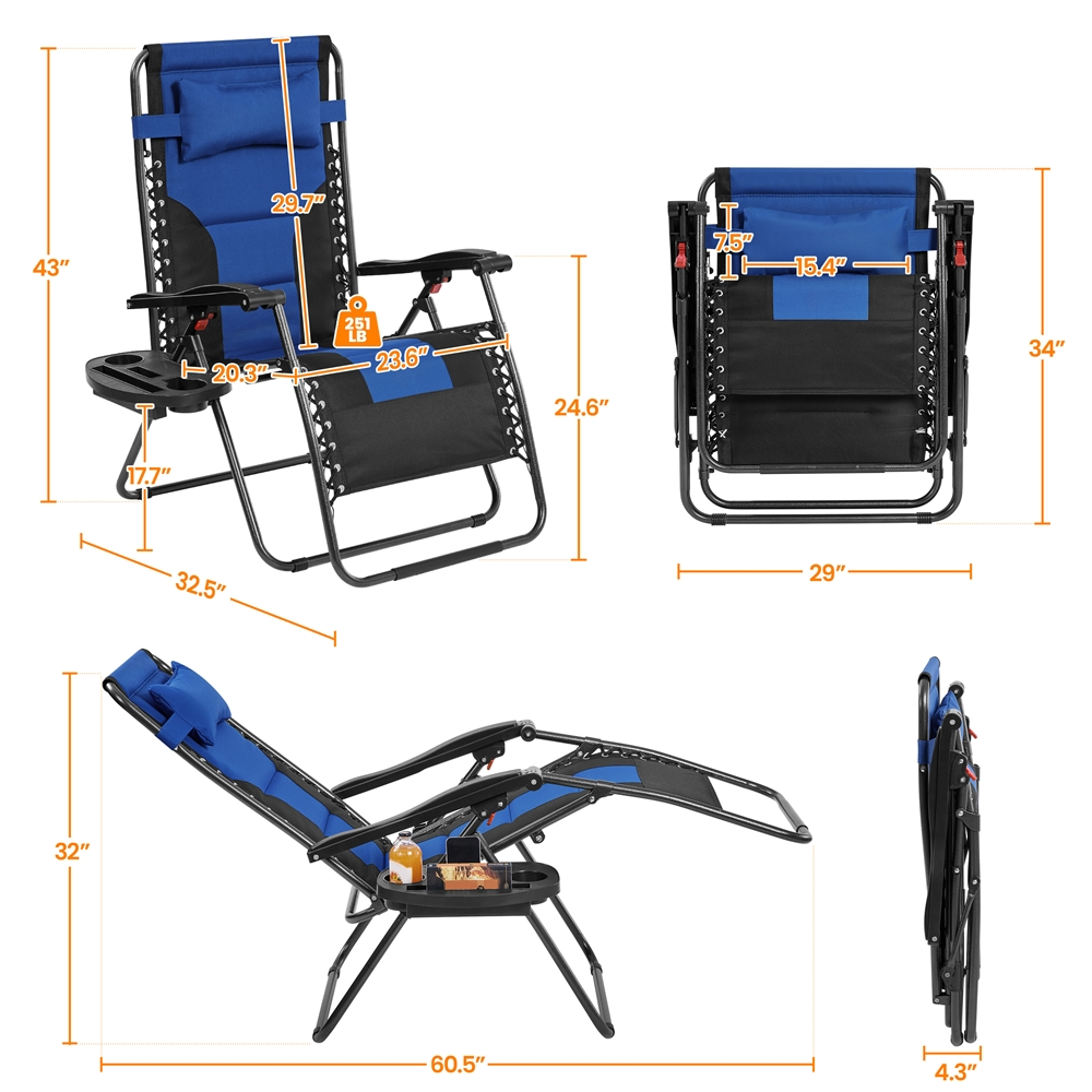 Alden Design 29in Foldable Padded Zero Gravity Chair with Cupholder/ Pillow for Outdoor, Navy Blue/Black - Image 5