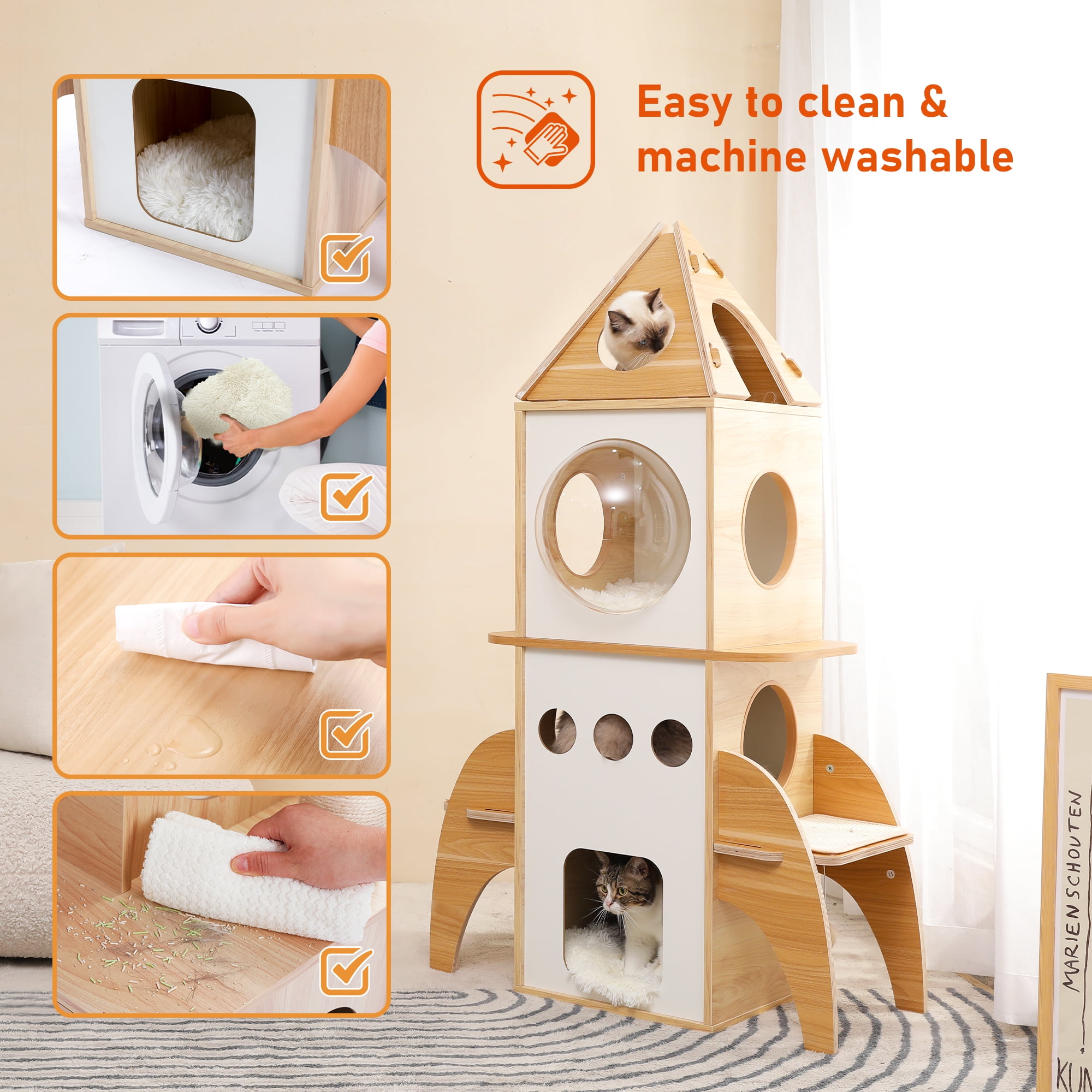 PAWZ Road Modern Cat Tree 54" Rocket Cat Tower Spaceship 3 Condo Cat Furniture for Indoor Cats, Beige - Image 7