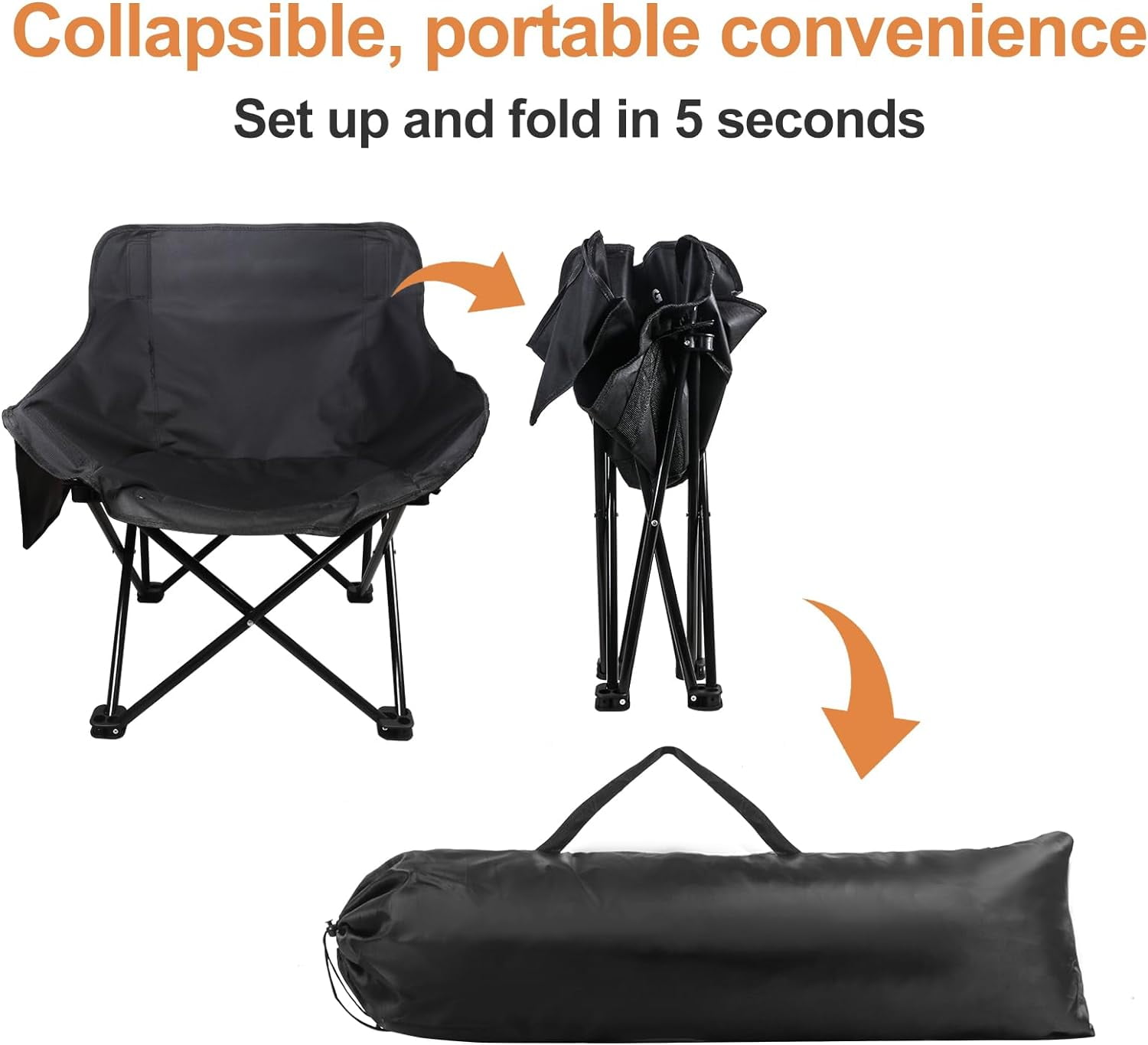 GVDV Foldable Camping Chair with Side Pocket, 600D Waterproof Oxford Cloth, Black - Image 3