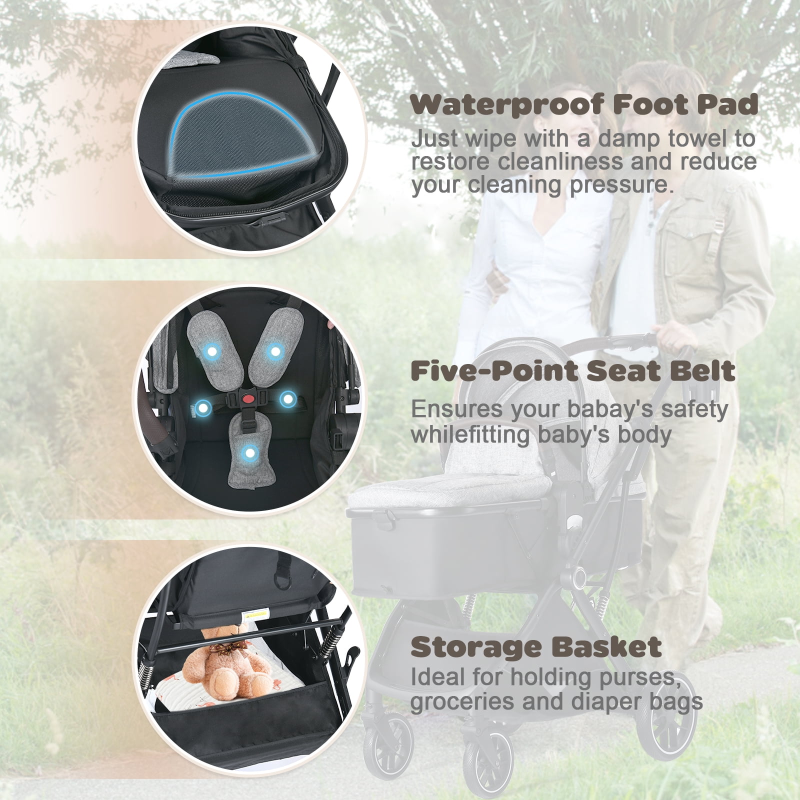 AILEEKISS Baby Stroller, 3 in 1 Stroller for Newborn, Folding Infant Pushchair, 22LB, Grey - Image 3