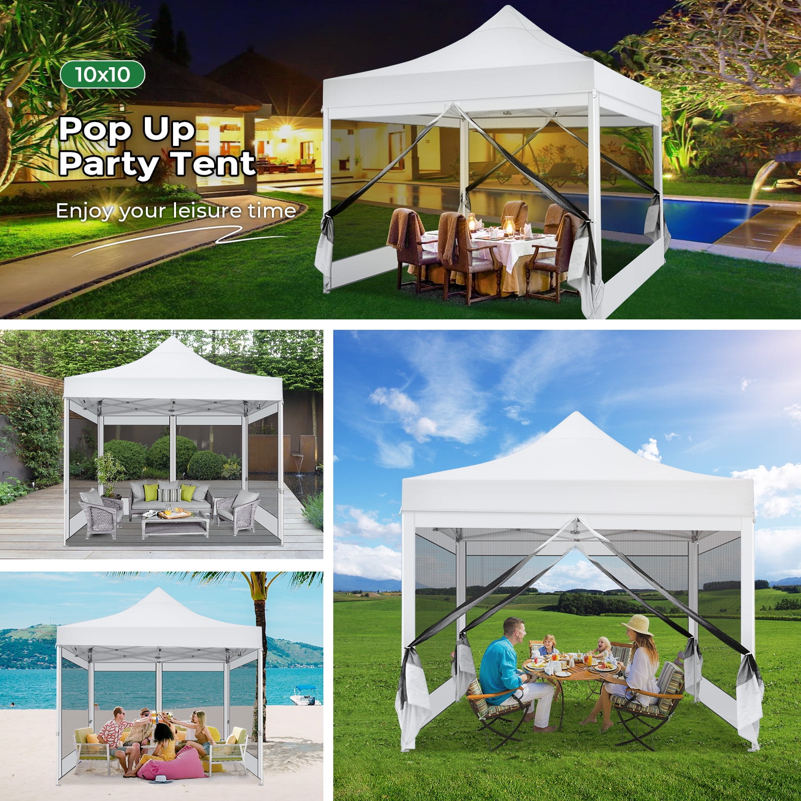 COBIZI 10x10 Heavy Duty Canopy, Pop Up Canopy Gazebo with Netting, Waterproof & Sunproof Party Tent with Mosquito Net, Outdoor Instant Canopy for Outside Party Backyard, Weddings, Birthdays, White - Image 5