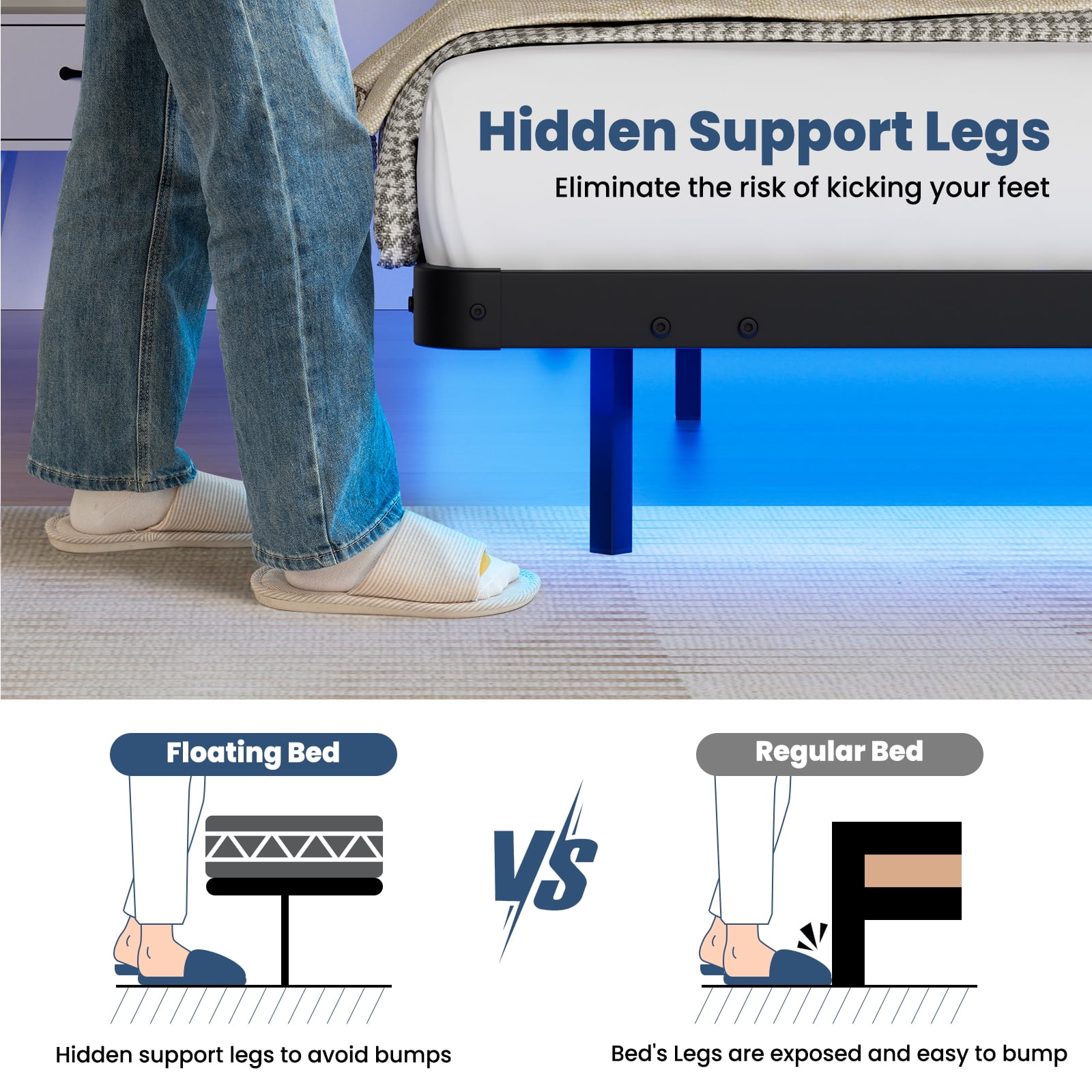 Lusimo King Size Floating Bed Frame with LED Lights Bed Storage Metal Platform Bed Frames with Steel Slat Support Anti-Slip Easy Assembly, Black - Image 9