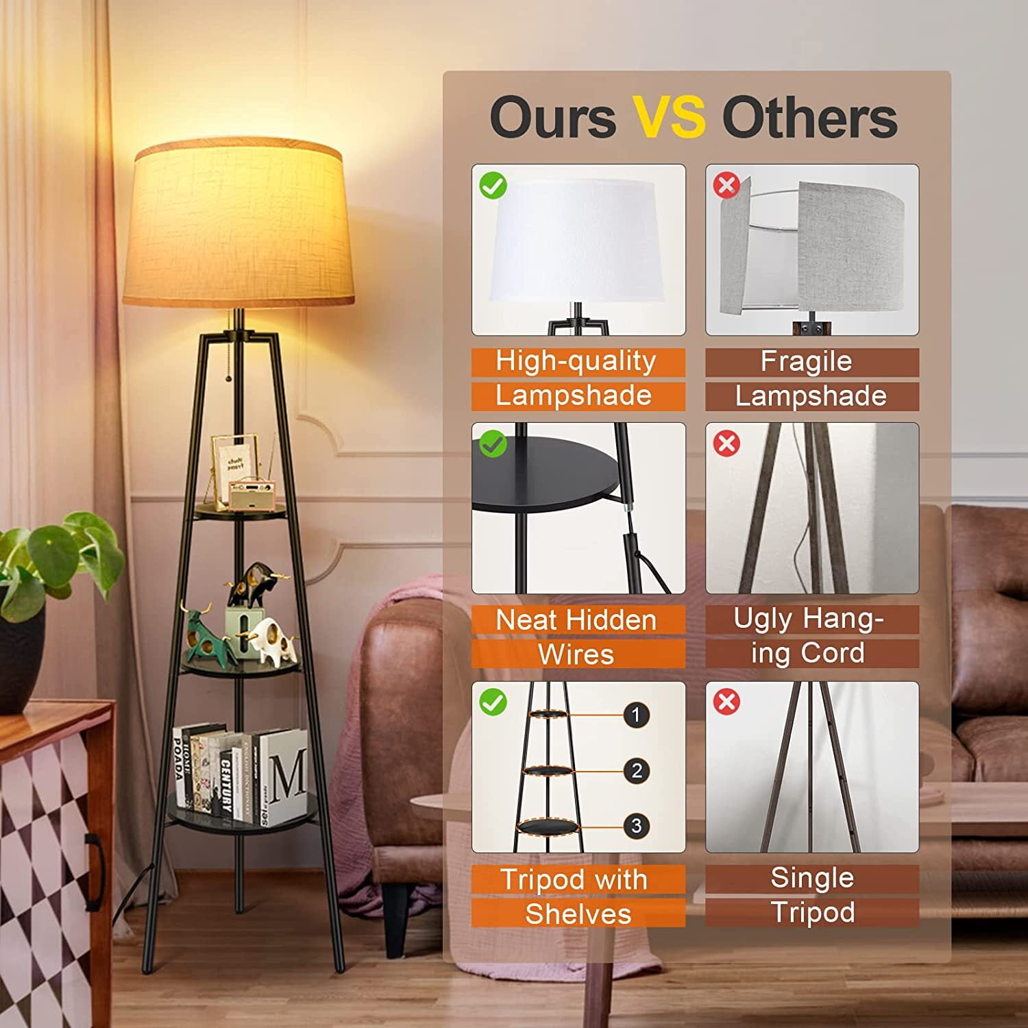 OUTON Tripod Floor Lamp with Shelves, Modern Standing Lamp with Linen Lampshade for Living Room, Bedroom, Office ,3 Color Temperature Bulb Stepless Dimming(Metal Black) - Image 8