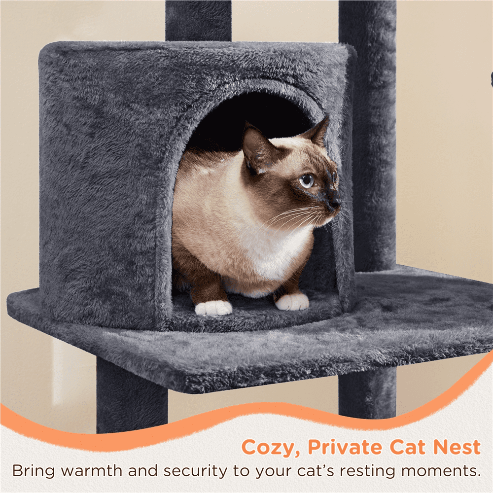 Alden Design 57″ Tall Multi Level Cat Tree with Basket & Condo & Scratching Post, Dark Gray - Image 2
